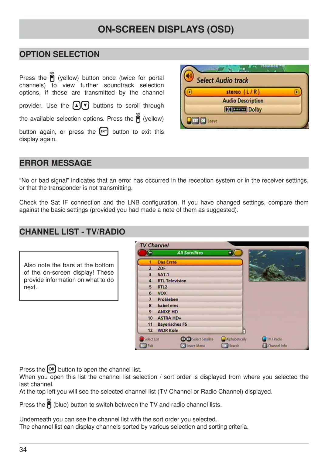 Kathrein UFS 902 manual Option Selection, Error Message, Channel List TV/RADIO 