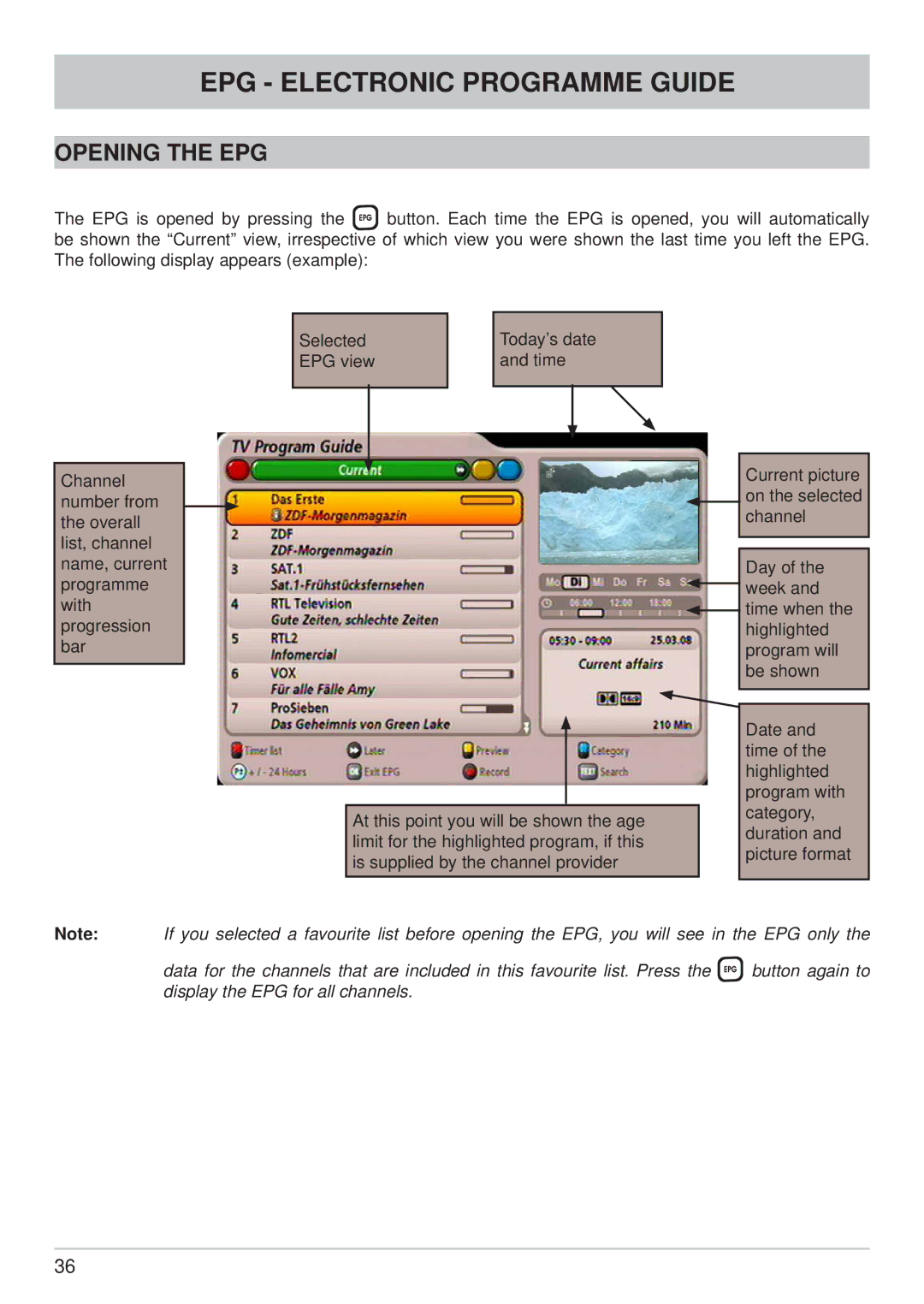 Kathrein UFS 902 manual EPG Electronic Programme Guide, Opening the EPG 