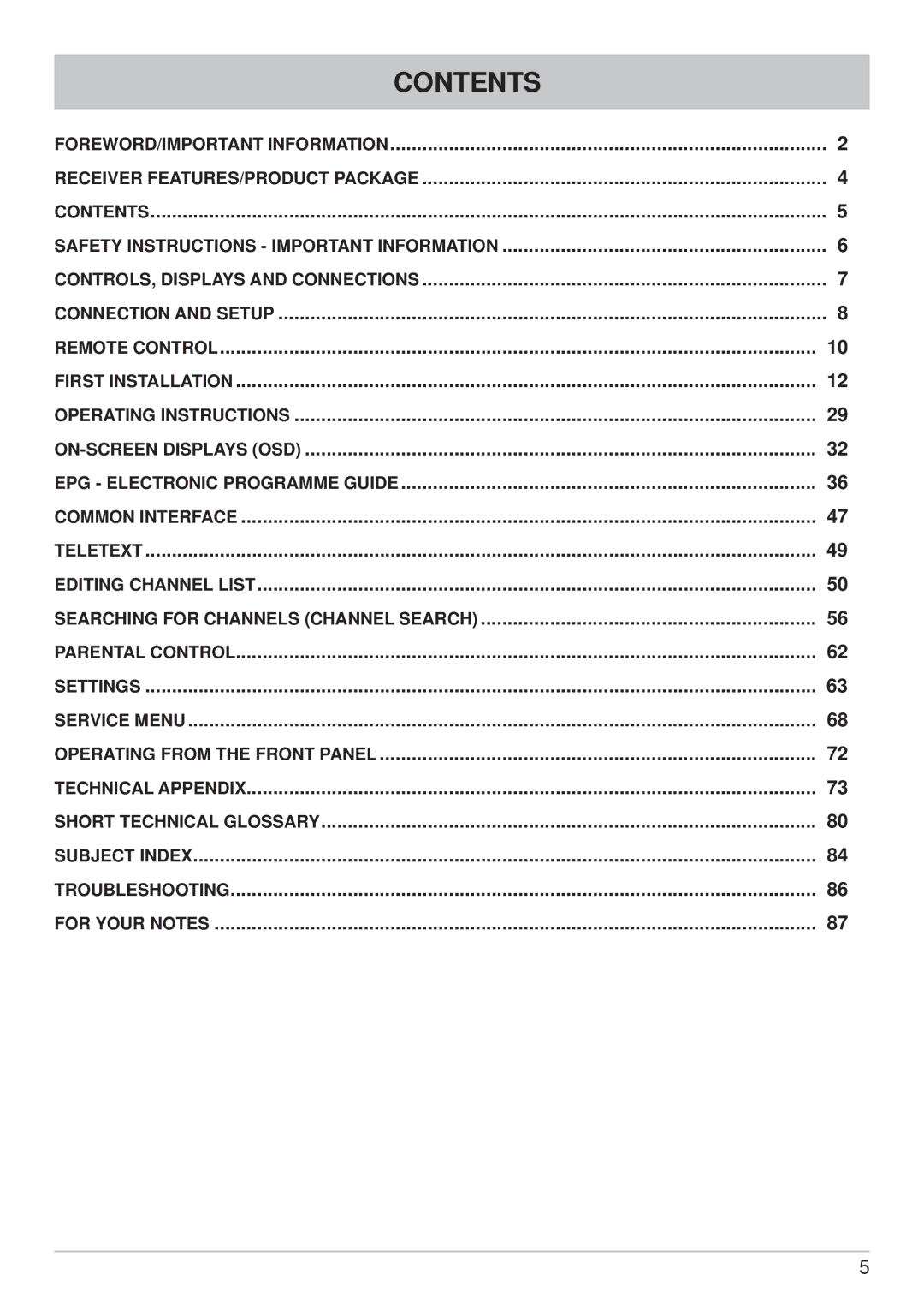 Kathrein UFS 902 manual Contents 