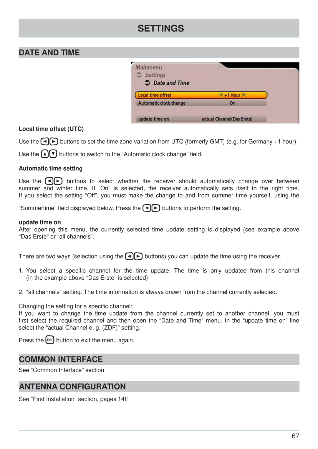 Kathrein UFS 902 manual Date and Time, Common Interface, Antenna Configuration, Automatic time setting 