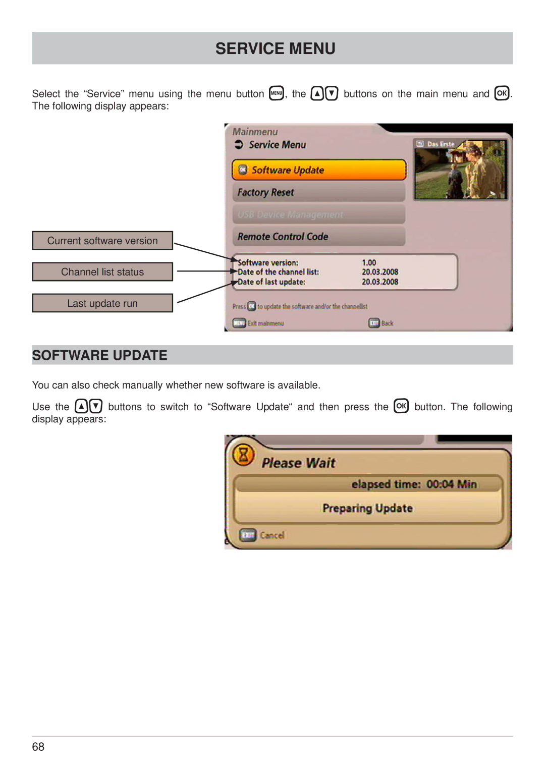 Kathrein UFS 902 manual Service Menu, Software Update 