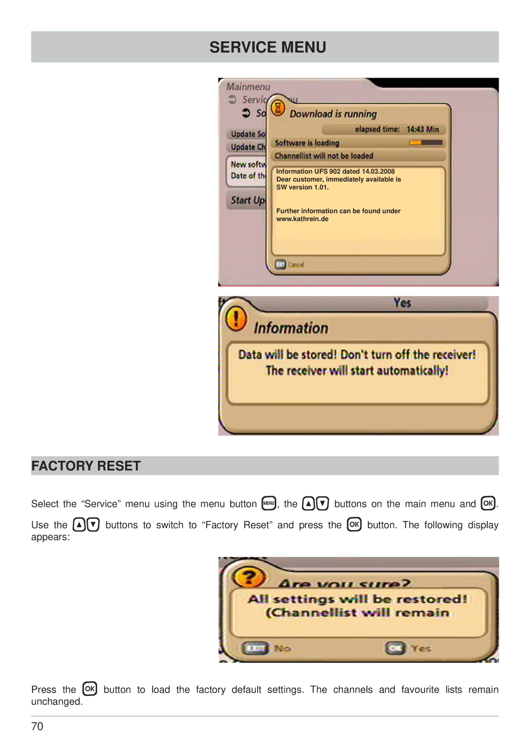 Kathrein UFS 902 manual Factory Reset 
