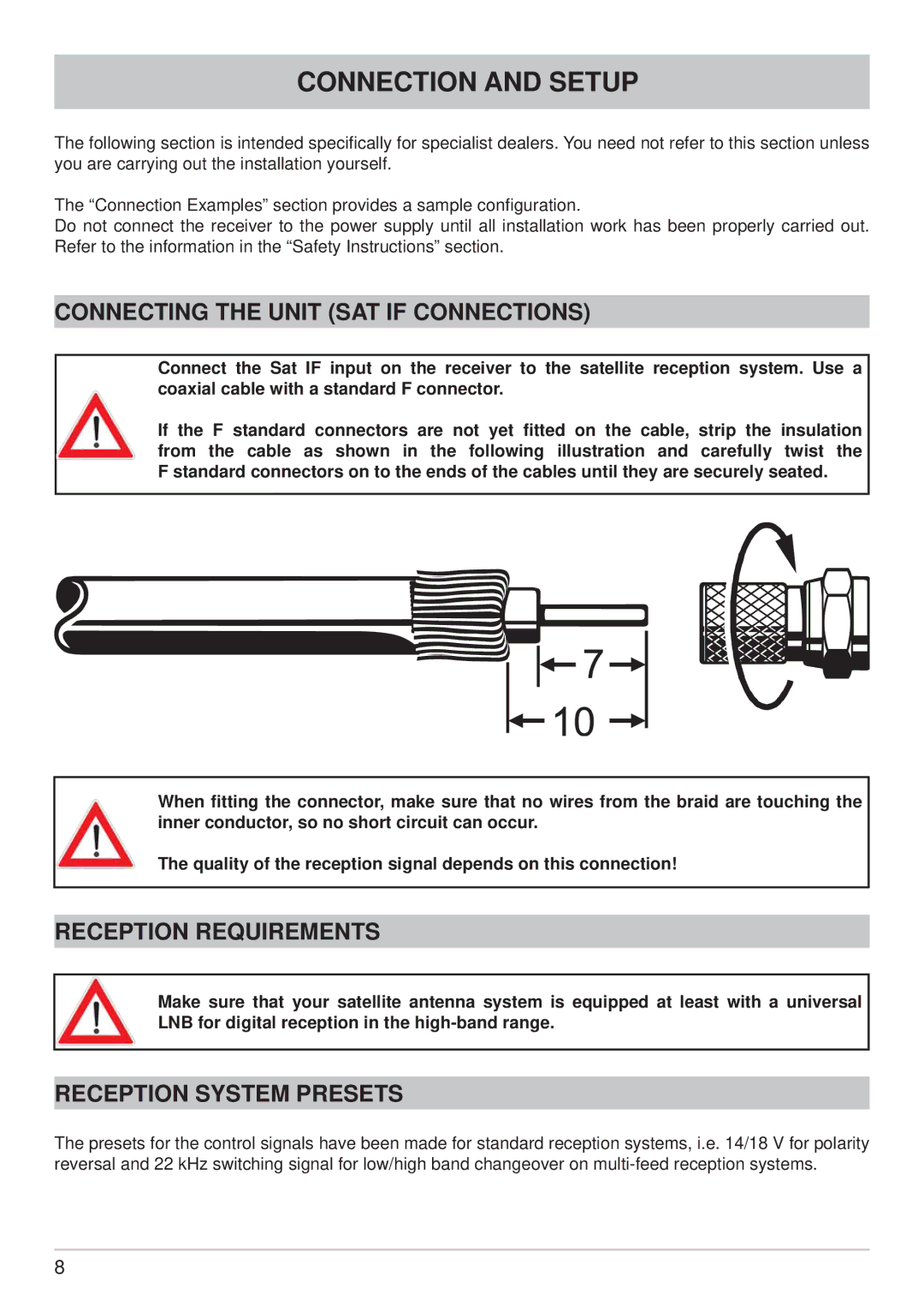 Kathrein UFS 902 manual Connection and Setup, Connecting the Unit SAT if Connections, Reception Requirements 