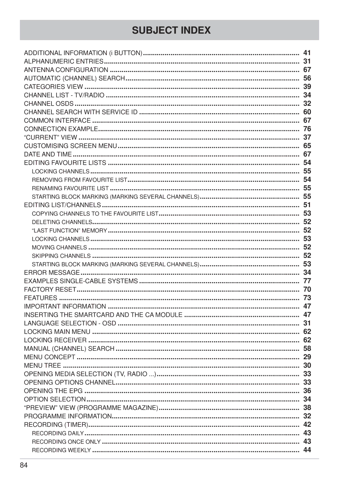 Kathrein UFS 902 manual Subject Index, Additional Information i Button 