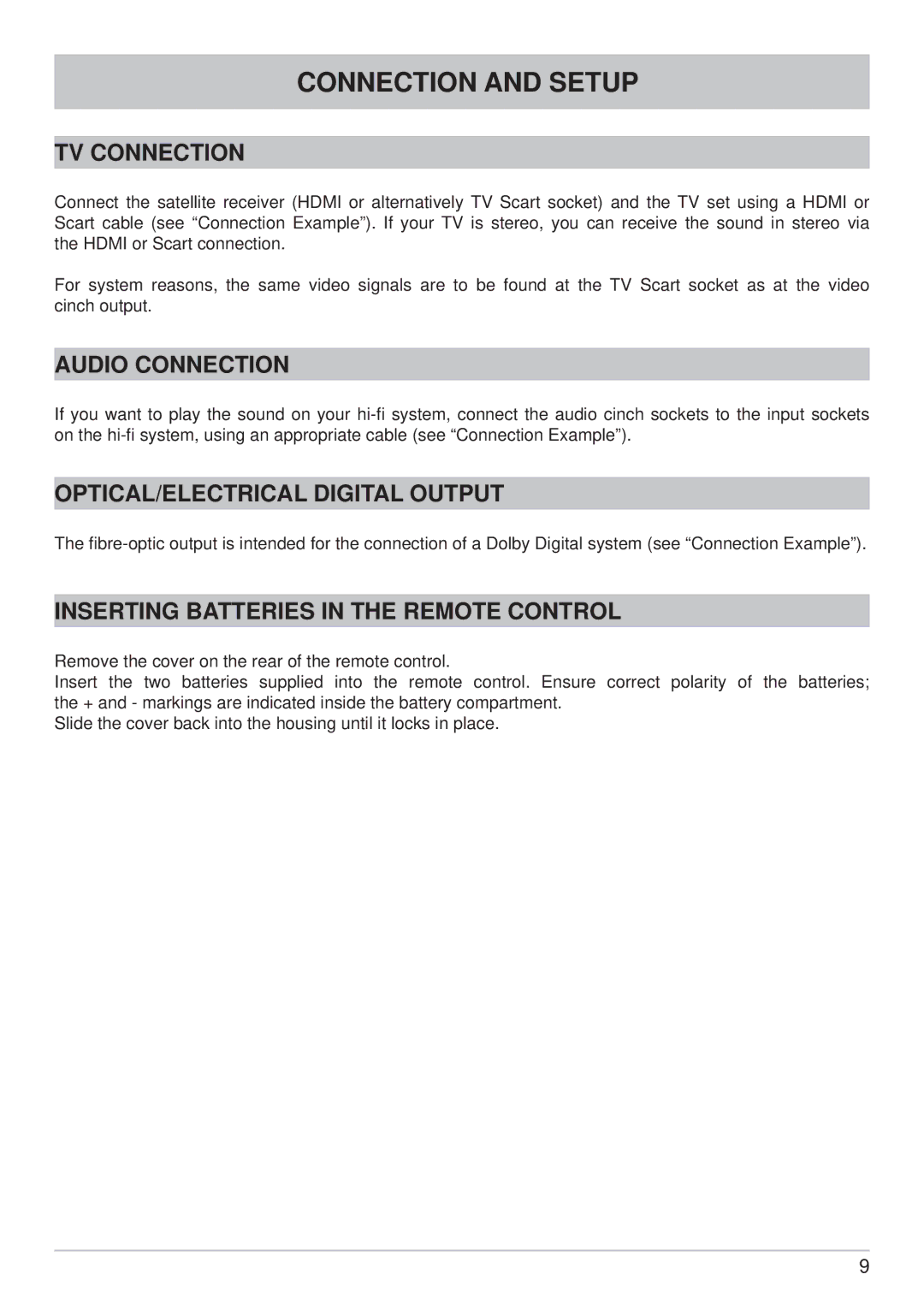 Kathrein UFS 902 manual TV Connection, Audio Connection, OPTICAL/ELECTRICAL Digital Output 