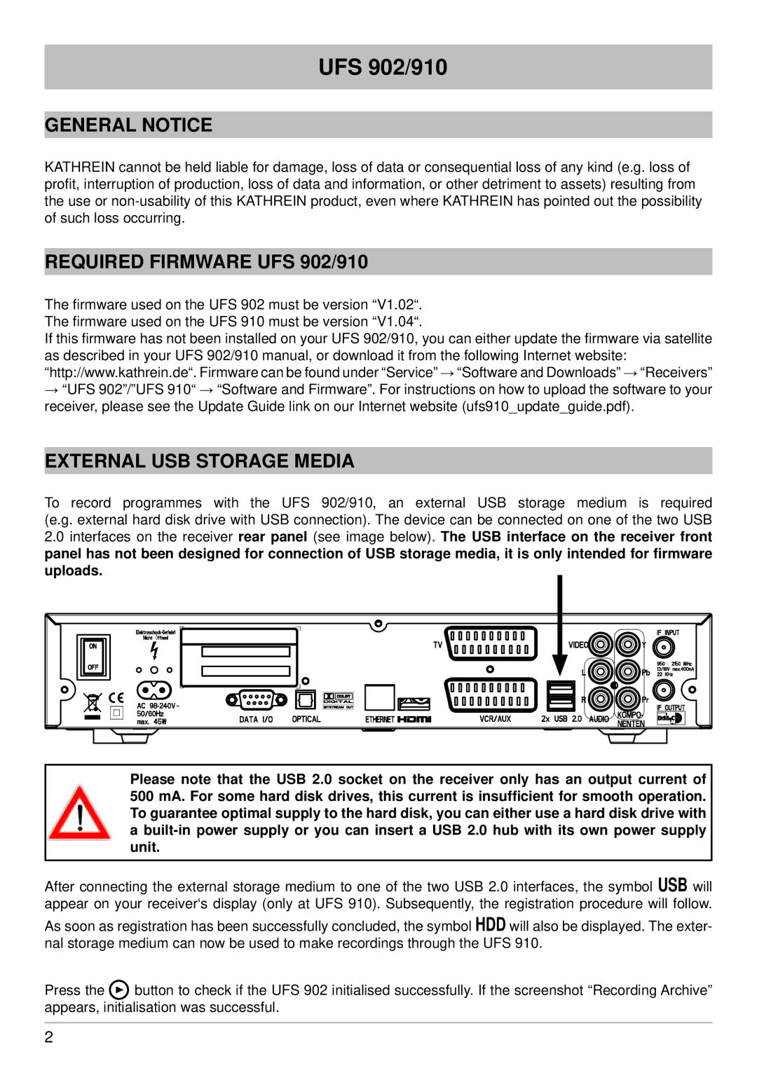 Kathrein UFS 910 manual General Notice, Required Firmware UFS 902/910, External USB Storage Media 