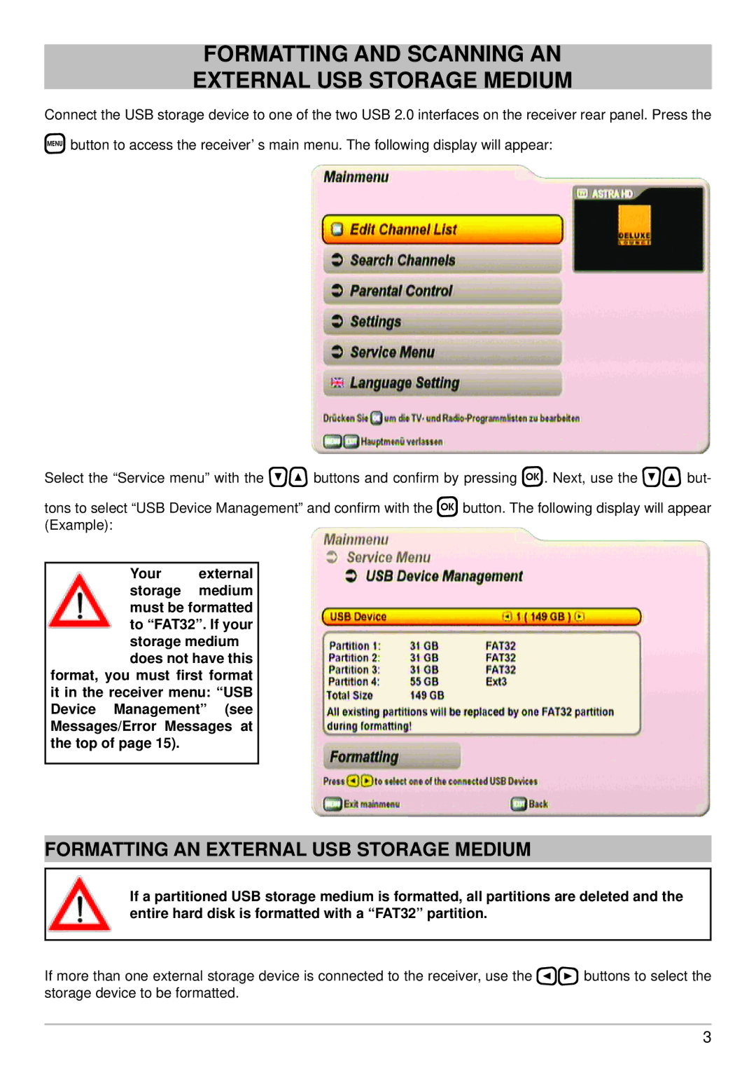 Kathrein UFS 910 manual Formatting and Scanning AN External USB Storage Medium, Formatting AN External USB Storage Medium 