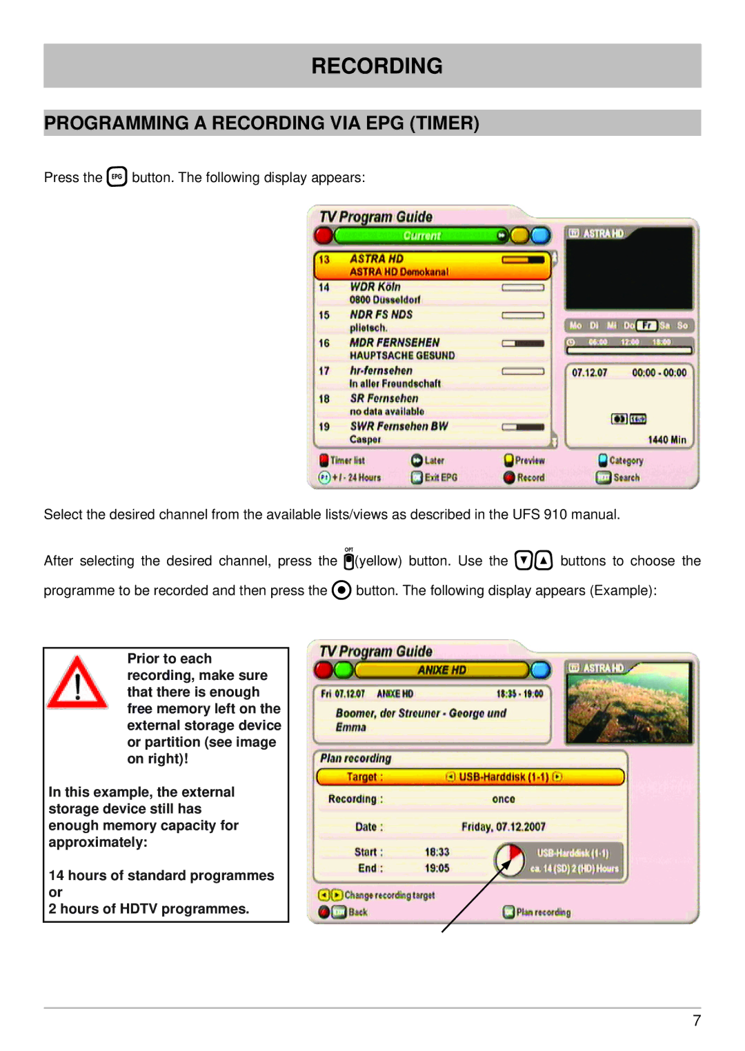 Kathrein UFS 910 manual Programming a Recording VIA EPG Timer 