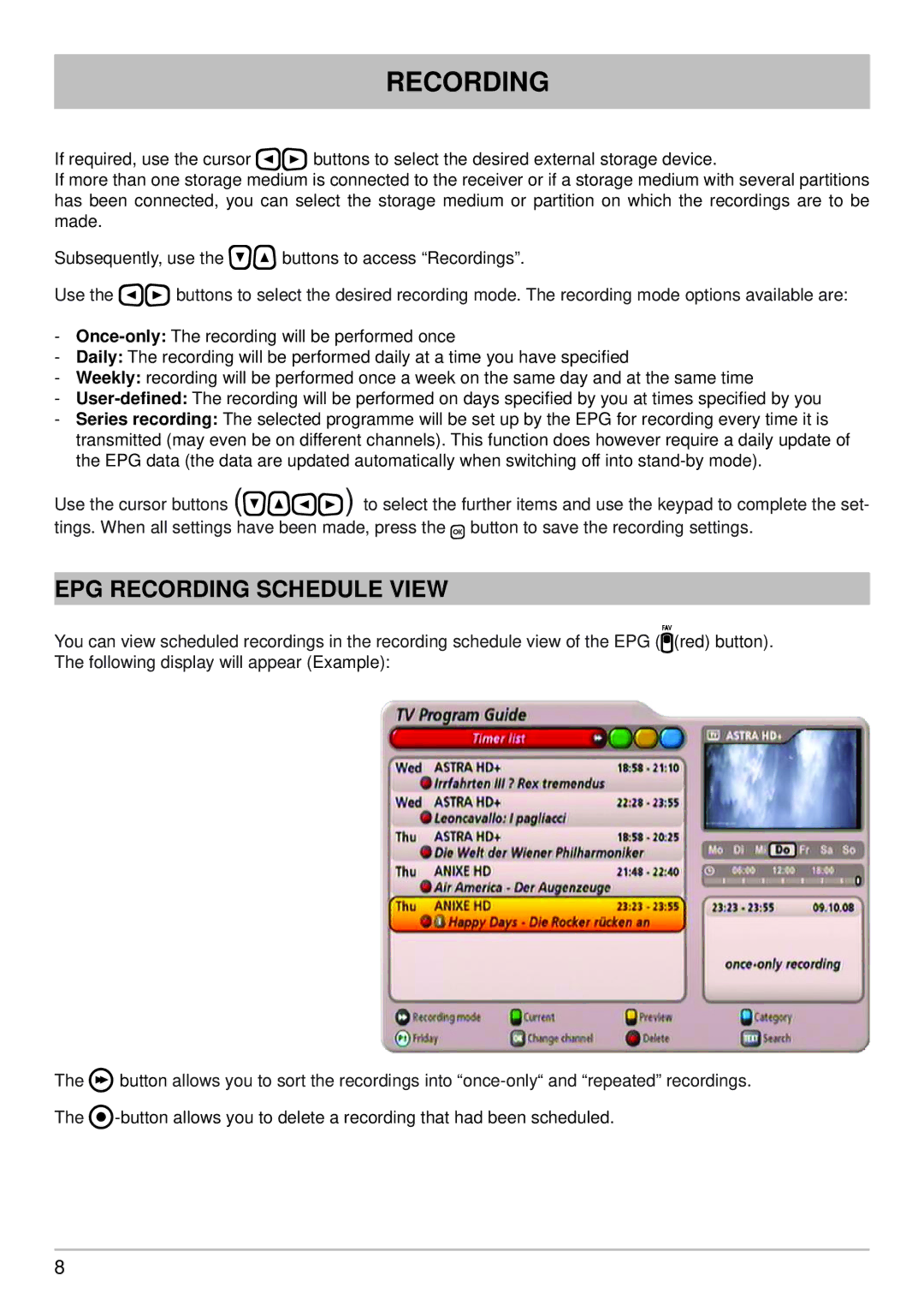 Kathrein UFS 910 manual EPG Recording Schedule View 