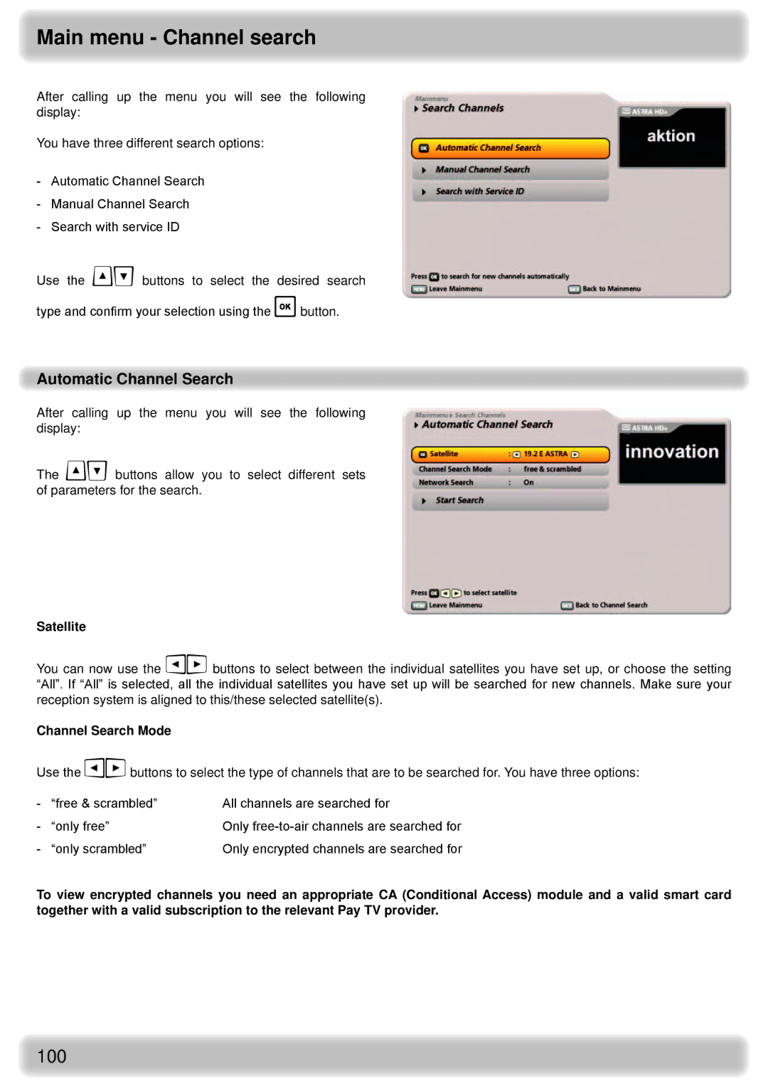 Kathrein UFS 922 si, UFS 922 sw manual Main menu Channel search, Automatic Channel Search, Satellite 