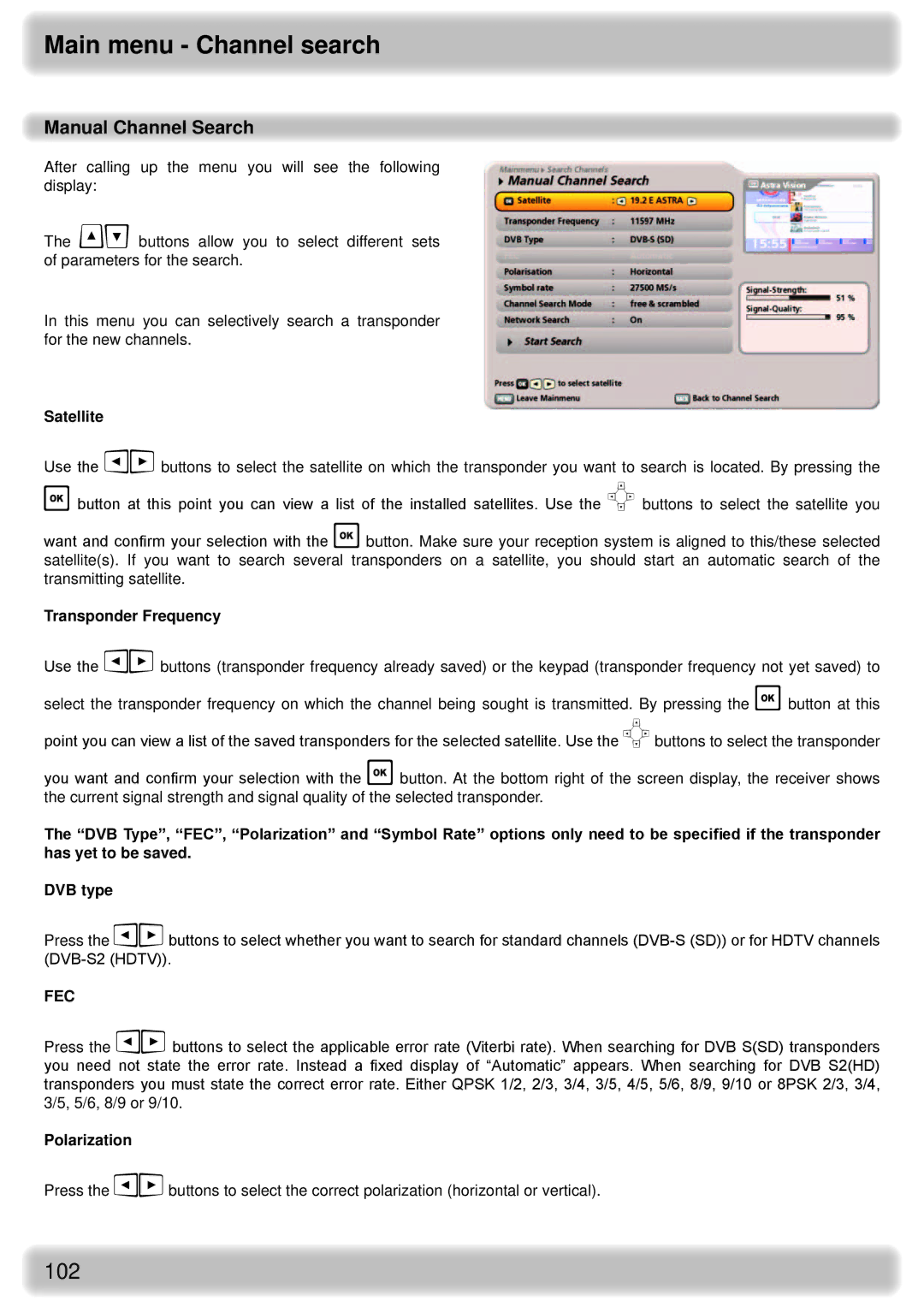 Kathrein UFS 922 si, UFS 922 sw manual Manual Channel Search, Fec 