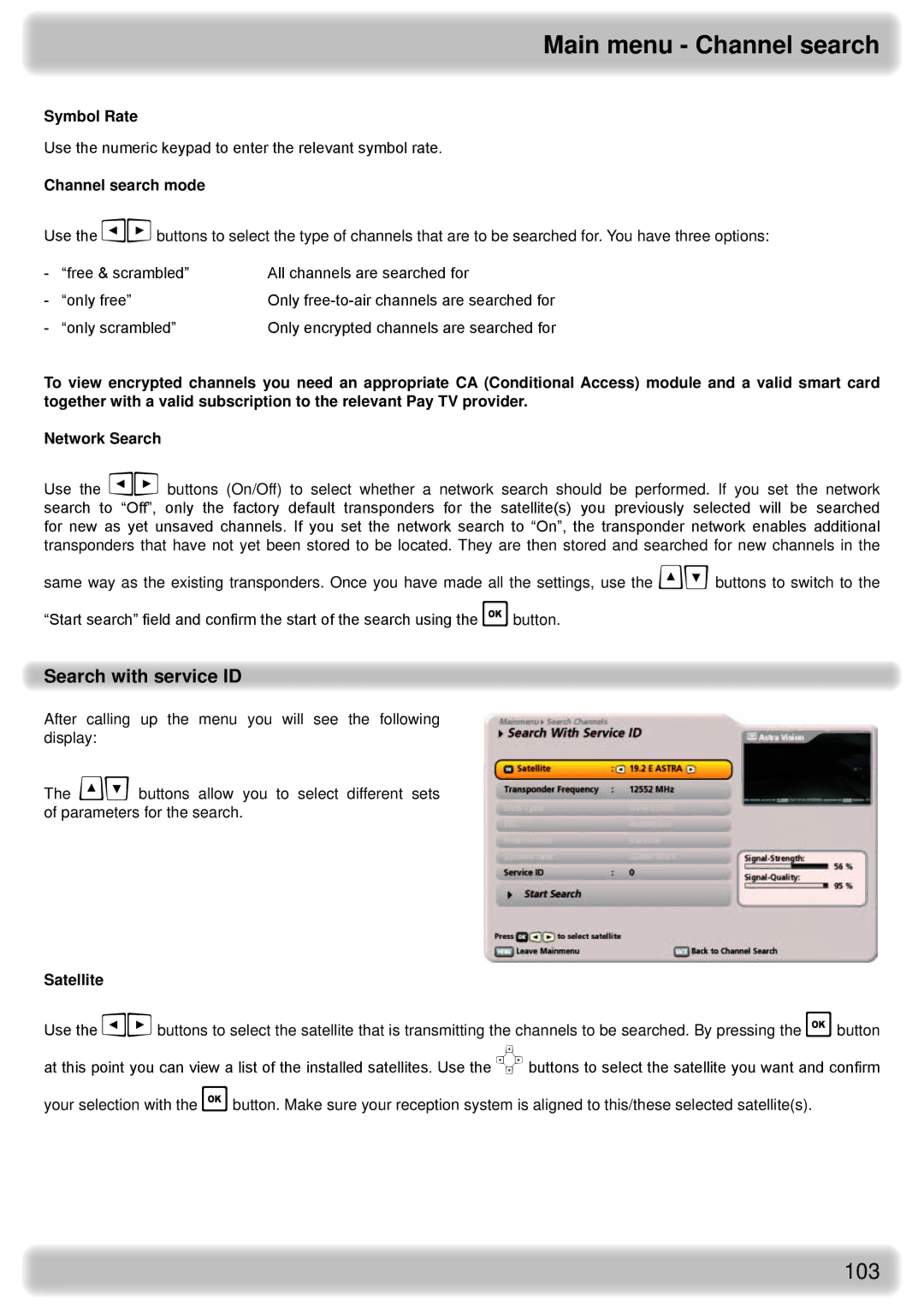 Kathrein UFS 922 sw, UFS 922 si manual Search with service ID, Symbol Rate 