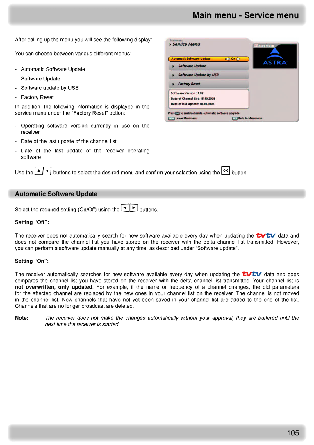 Kathrein UFS 922 sw, UFS 922 si manual Main menu Service menu, Automatic Software Update, Setting Off, Setting On 