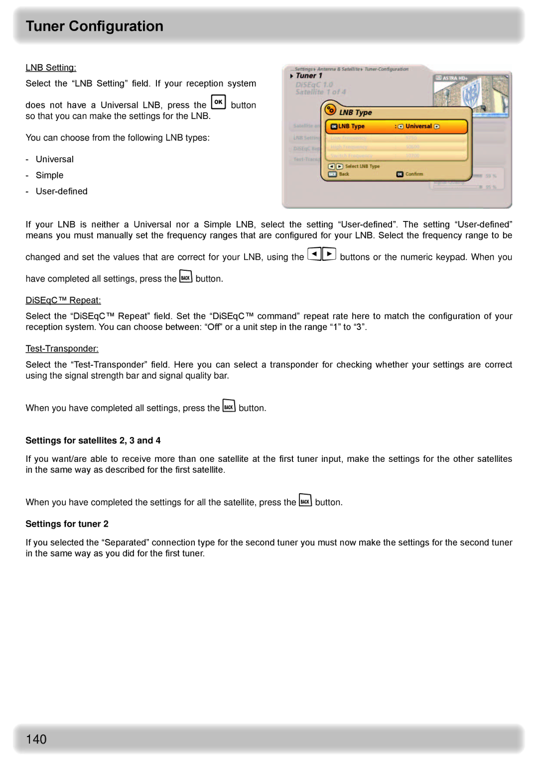 Kathrein UFS 922 si, UFS 922 sw manual Settings for satellites 2, 3, Settings for tuner 