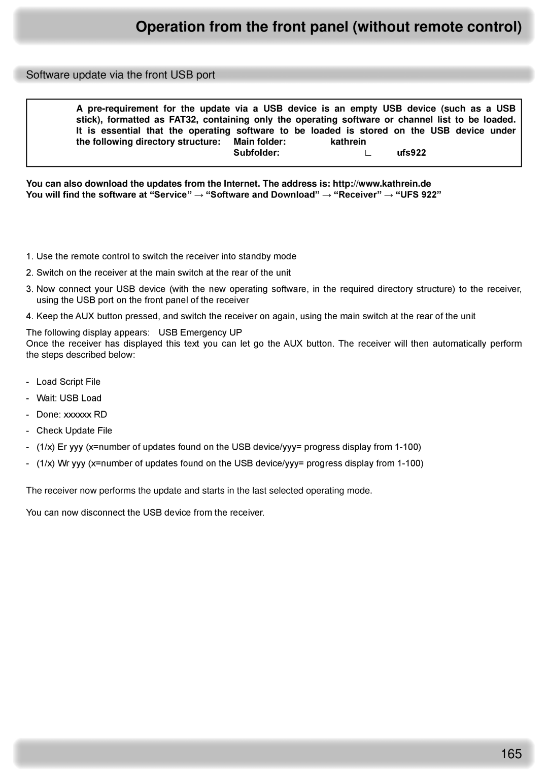 Kathrein UFS 922 sw, UFS 922 si manual Software update via the front USB port 