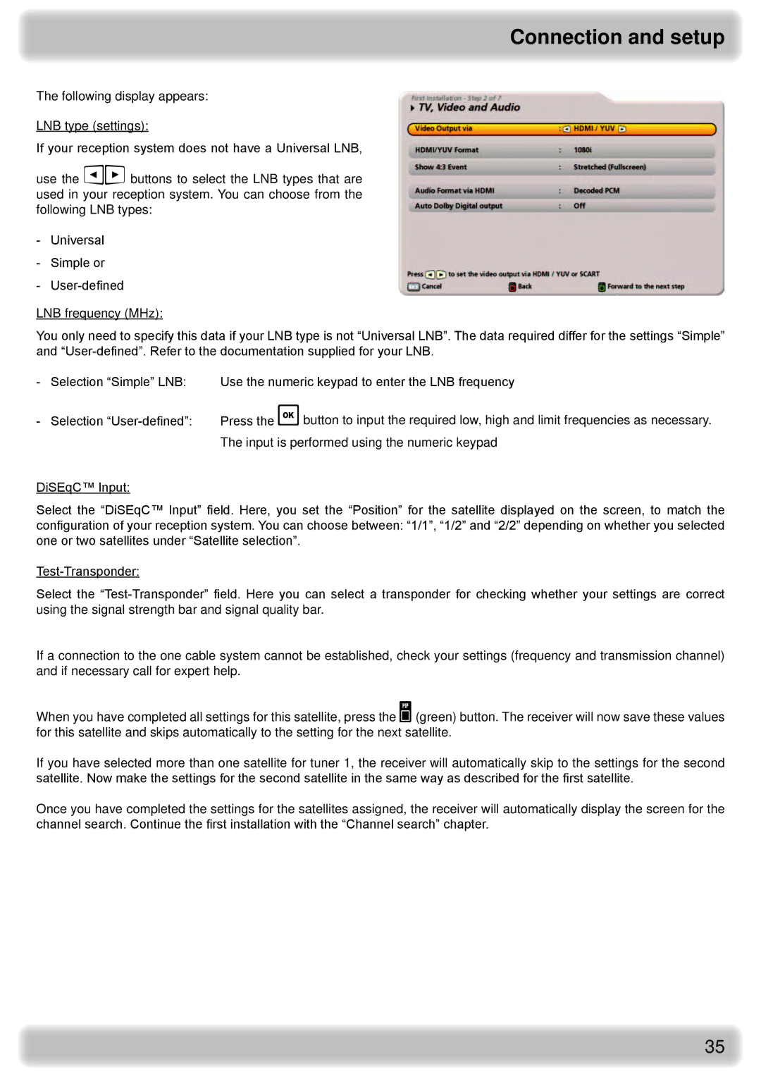 Kathrein UFS 922 sw, UFS 922 si manual Connection and setup 