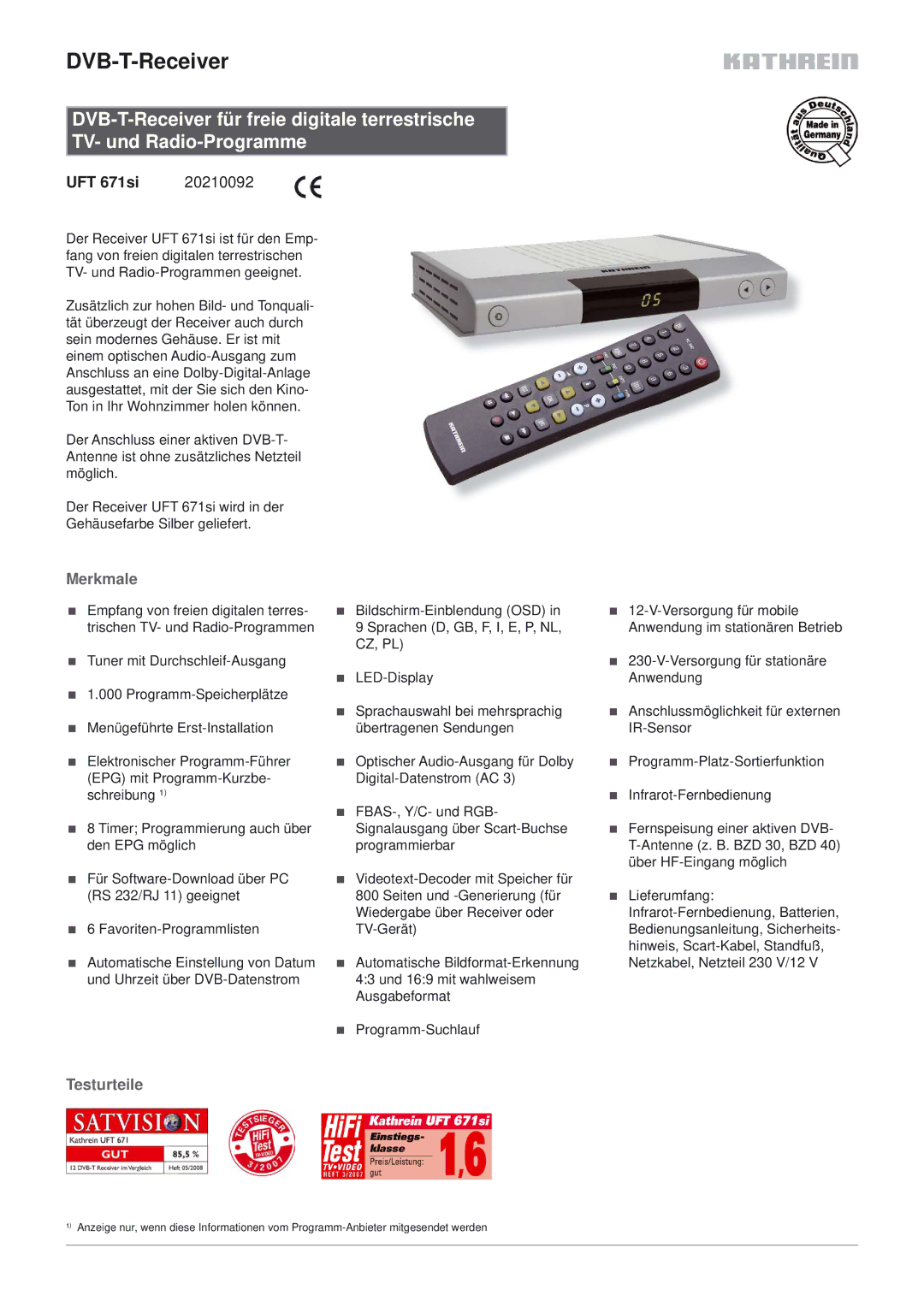 Kathrein manual DVB-T-Receiver, UFT 671si 20210092, Merkmale, Testurteile, Cz, Pl 