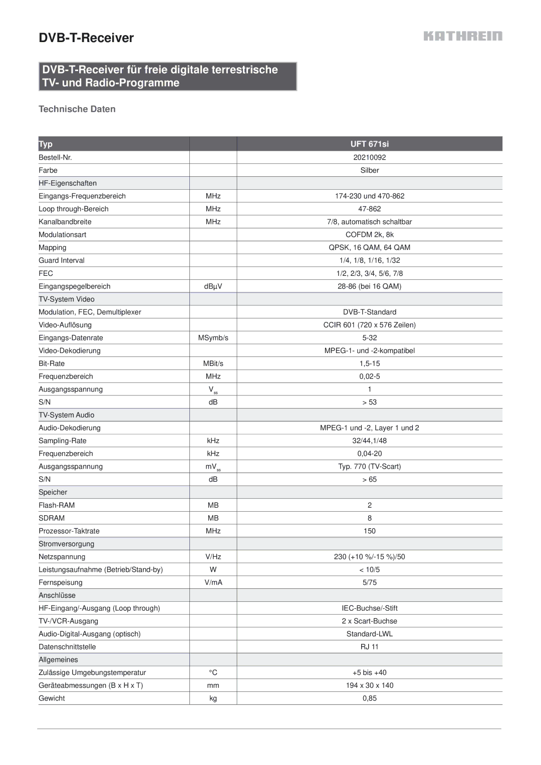 Kathrein 20210092 manual Technische Daten, Typ UFT 671si, Fec, Sdram 