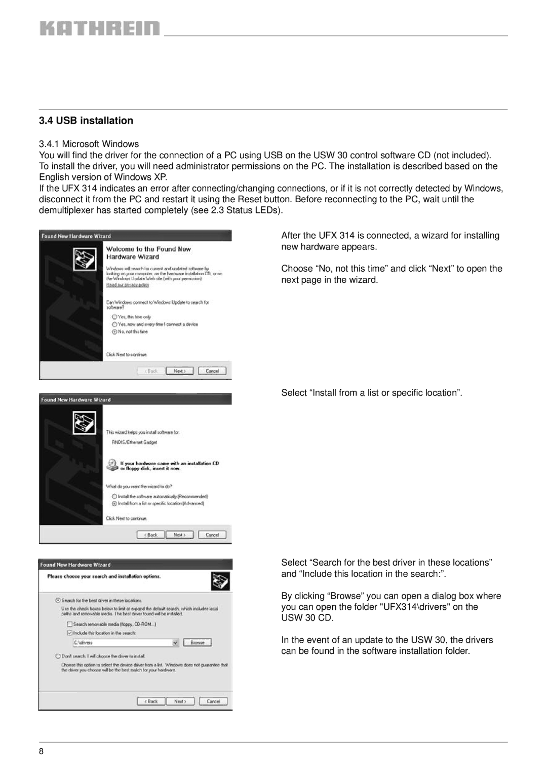 Kathrein UFX 314, BN 20610071 user manual USB installation 