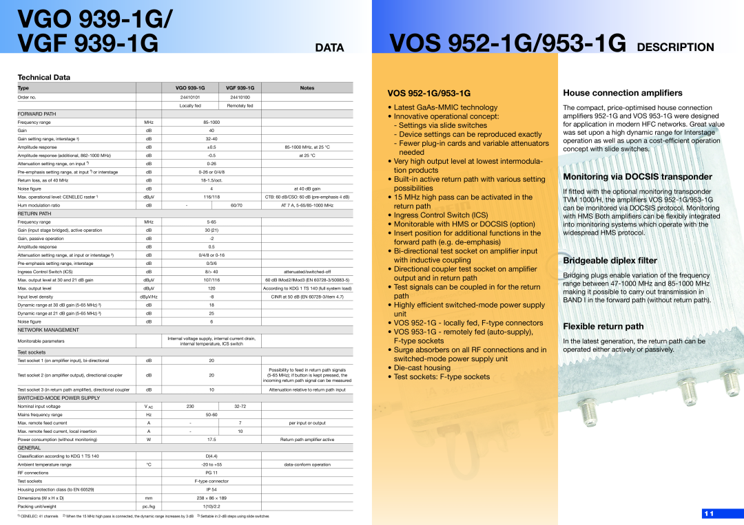 Kathrein manual VOS 952-1G/953-1G DESCRIPTION, Data, House connection amplifiers, Monitoring via DOCSIS transponder 
