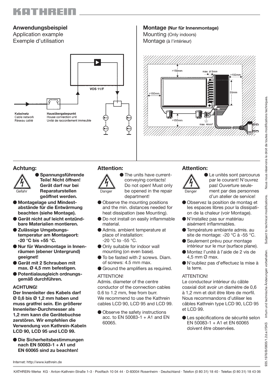 Kathrein VOS 11F specifications Anwendungsbeispiel, Achtung 