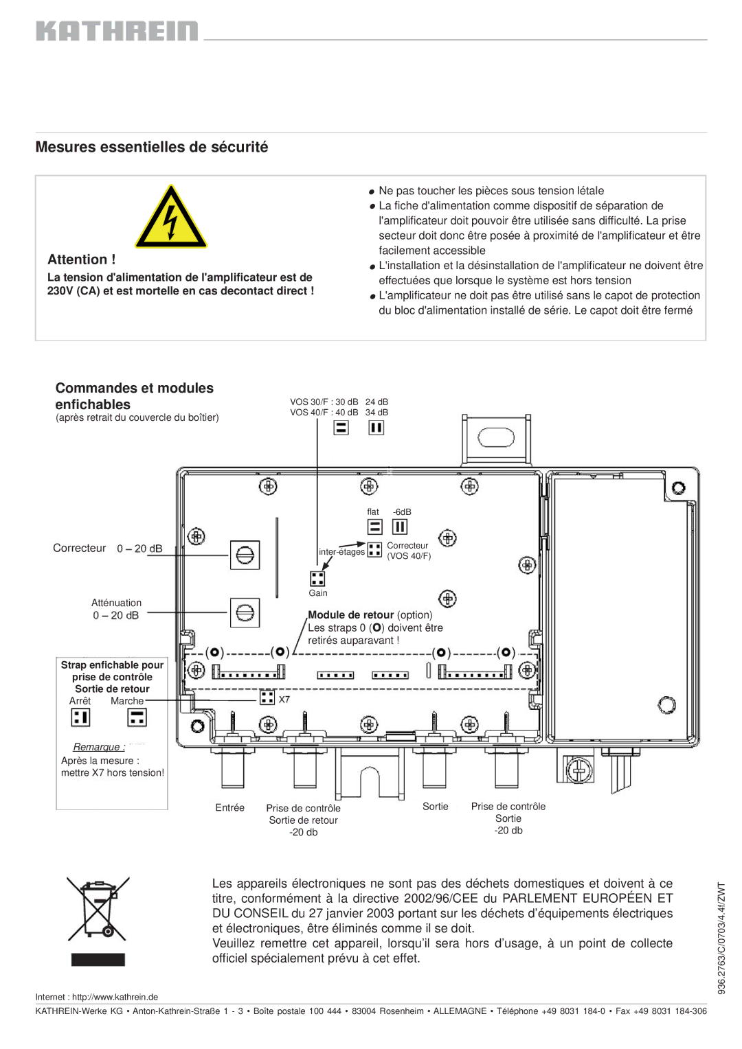 Kathrein VOS 40/F, VOS 30/F manual Mesures essentielles de sécurité, Commandes et modules enﬁchables, Correcteur 