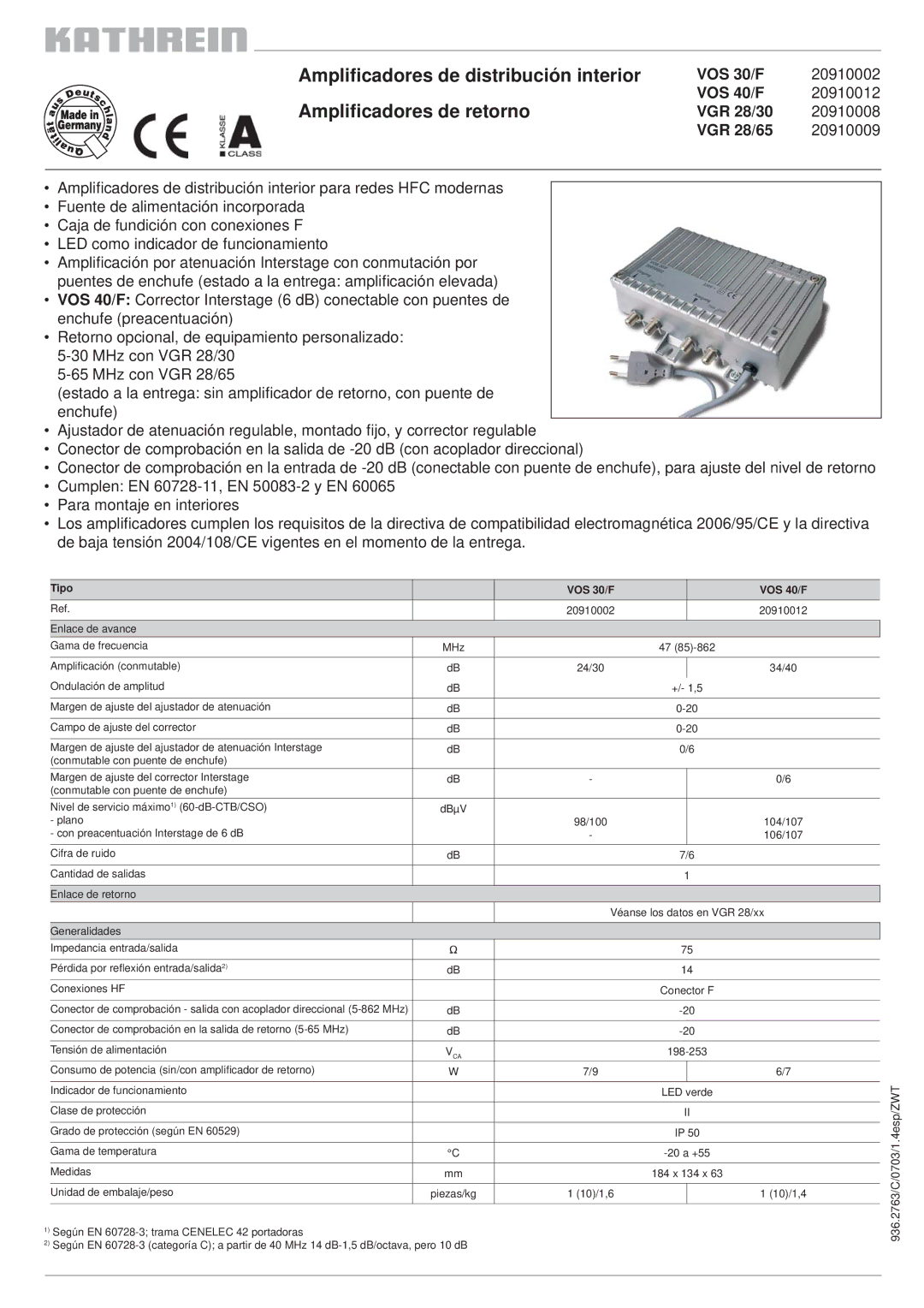 Kathrein VOS 30/F, VOS 40/F manual 936.2763/C/0703/1.4esp/ZWT 