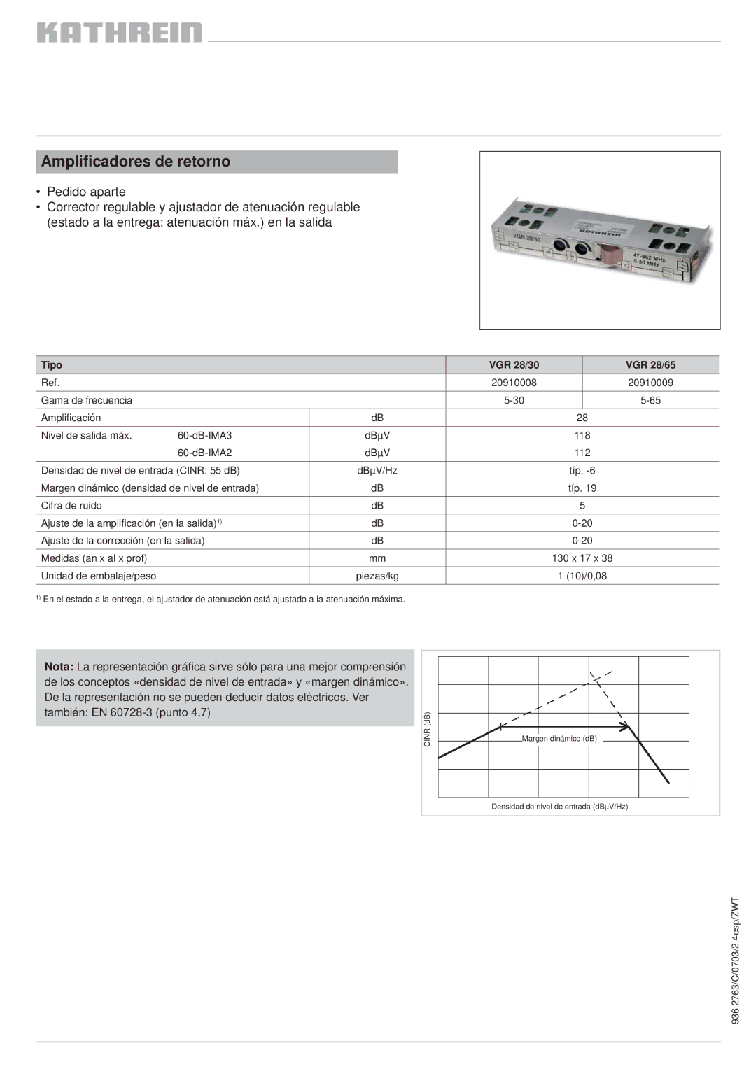 Kathrein VOS 40/F, VOS 30/F manual También EN 60728-3 punto 4.7 dBCINR, Piezas/kg 