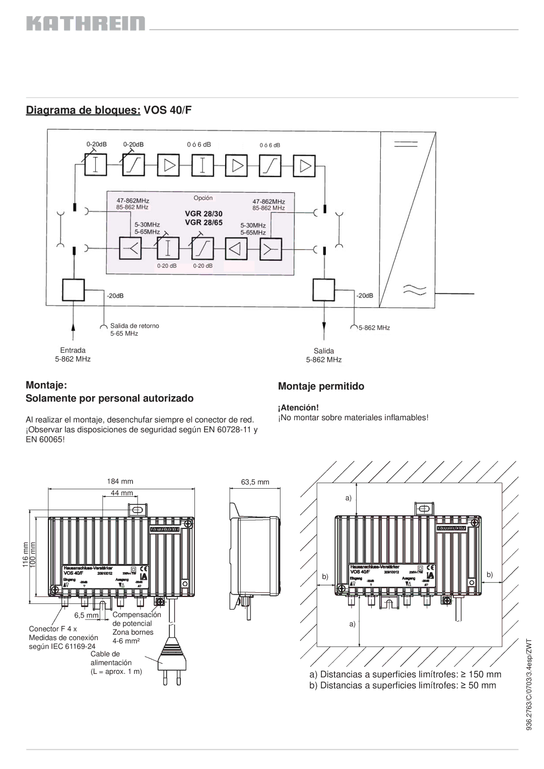 Kathrein VOS 30/F manual Diagrama de bloques VOS 40/F, Montaje Solamente por personal autorizado, Montaje permitido 