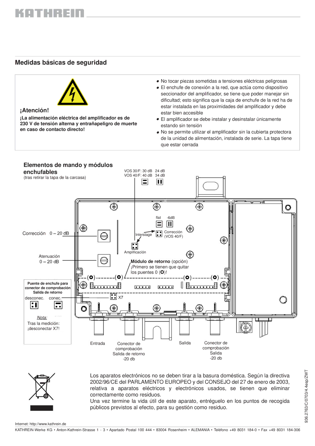 Kathrein VOS 40/F, VOS 30/F Medidas básicas de seguridad, ¡Atención, Elementos de mando y módulos enchufables, Corrección 