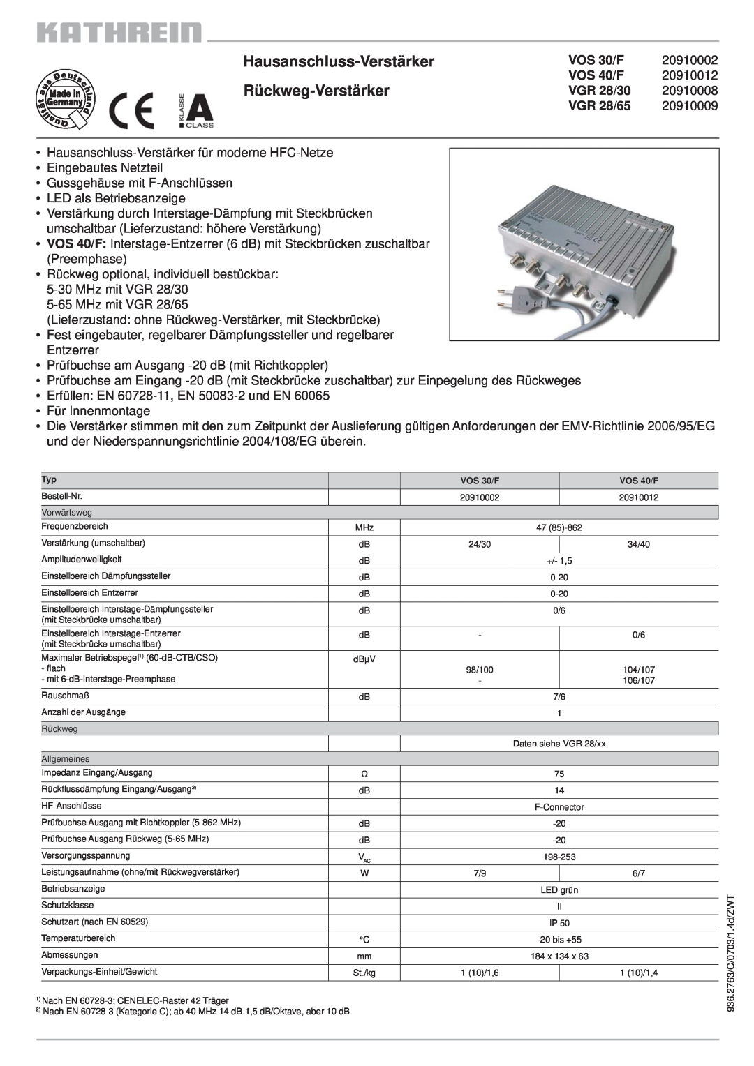 Kathrein VOS 30/F manual Hausanschluss-Verstärker Rückweg-Verstärker, 20910002, VOS 40/F, 20910012, VGR 28/30, 20910008 