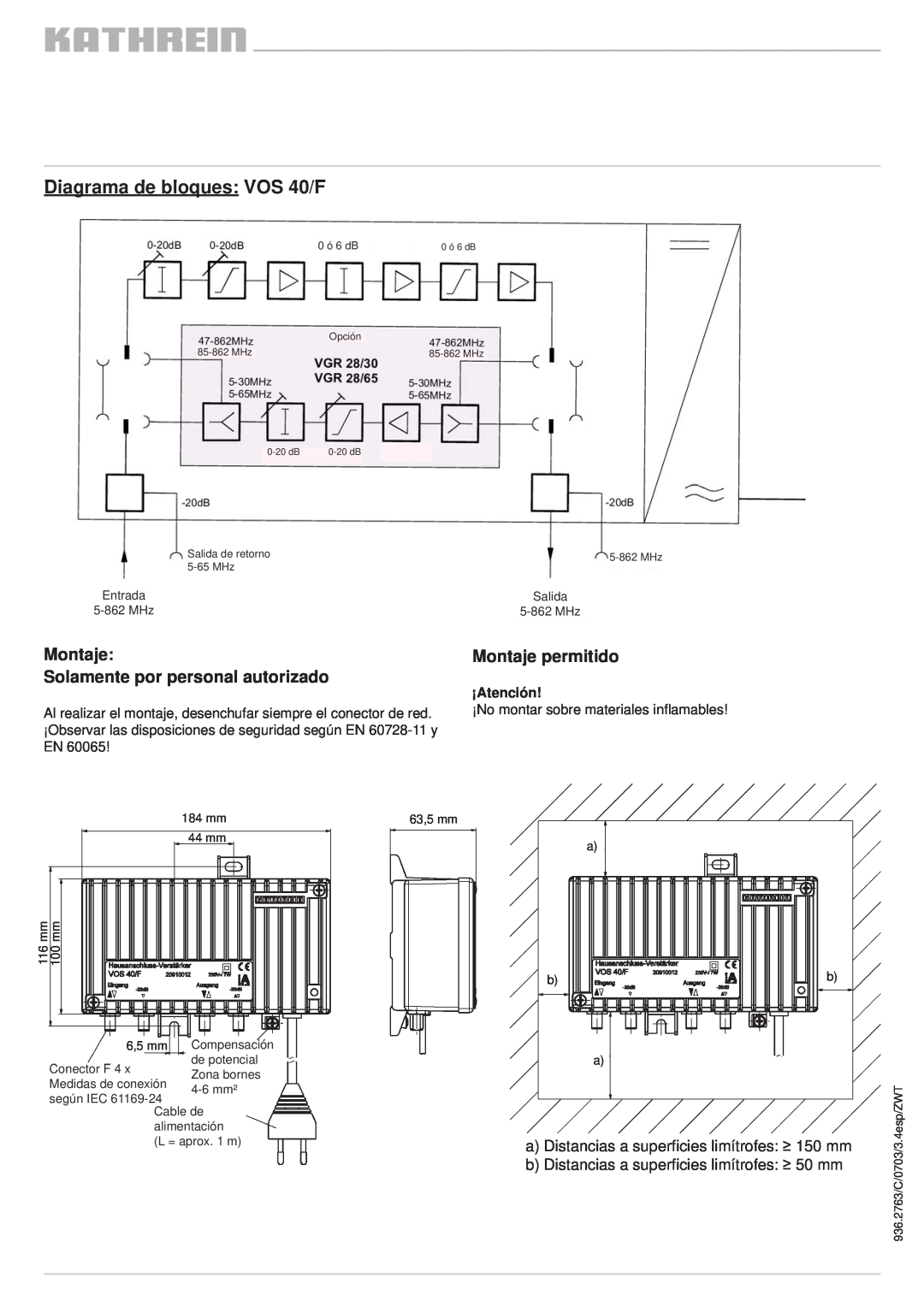 Kathrein VOS 30/F Diagrama de bloques VOS 40/F, Montaje Solamente por personal autorizado, Montaje permitido, ¡Atención 