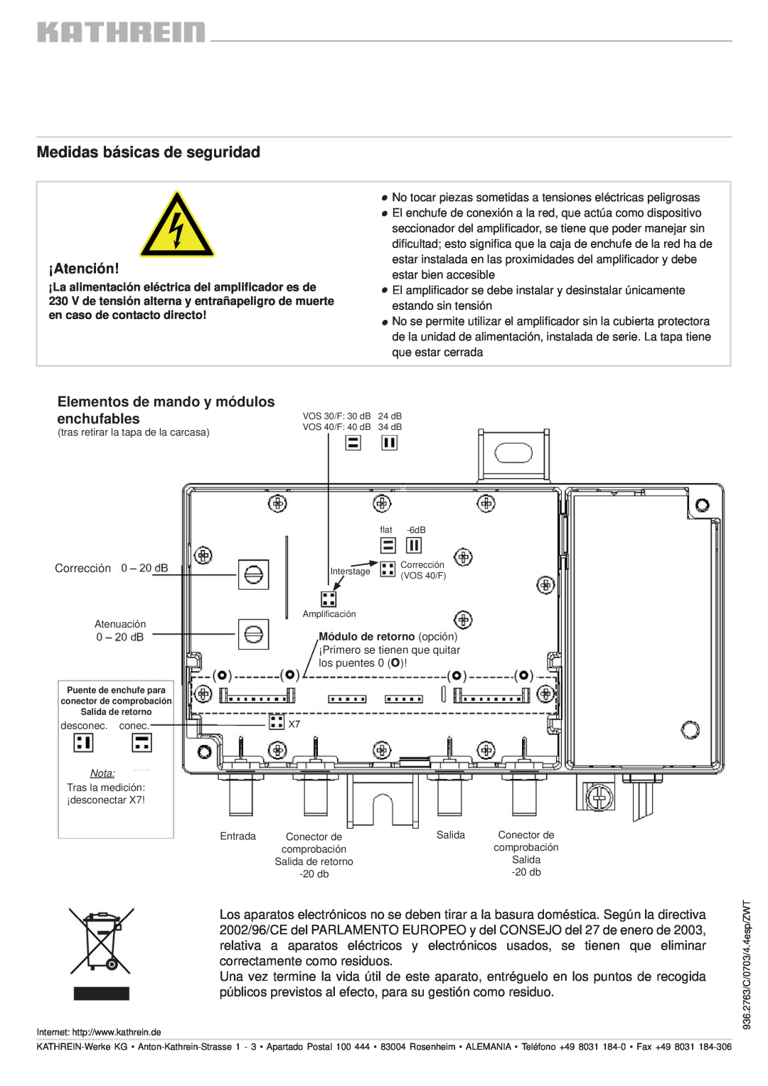 Kathrein VOS 40/F, VOS 30/F manual Medidas básicas de seguridad, ¡Atención, Elementos de mando y módulos enchufables 