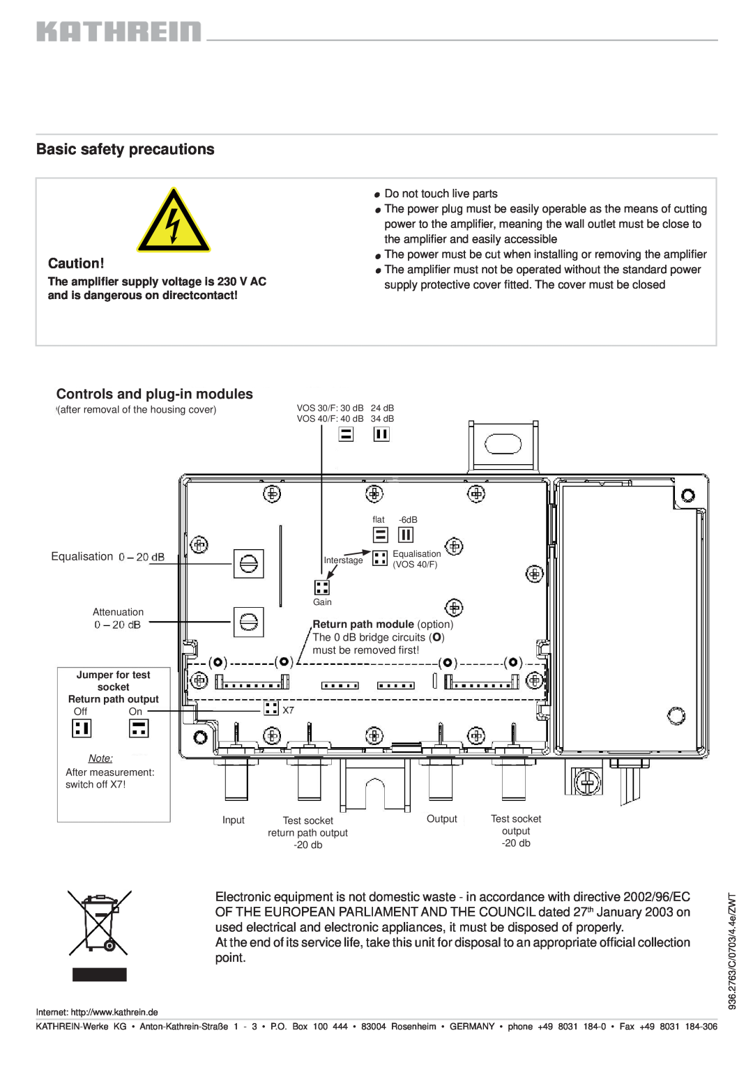 Kathrein VOS 40/F, VOS 30/F manual Basic safety precautions, Controls and plug-in modules 