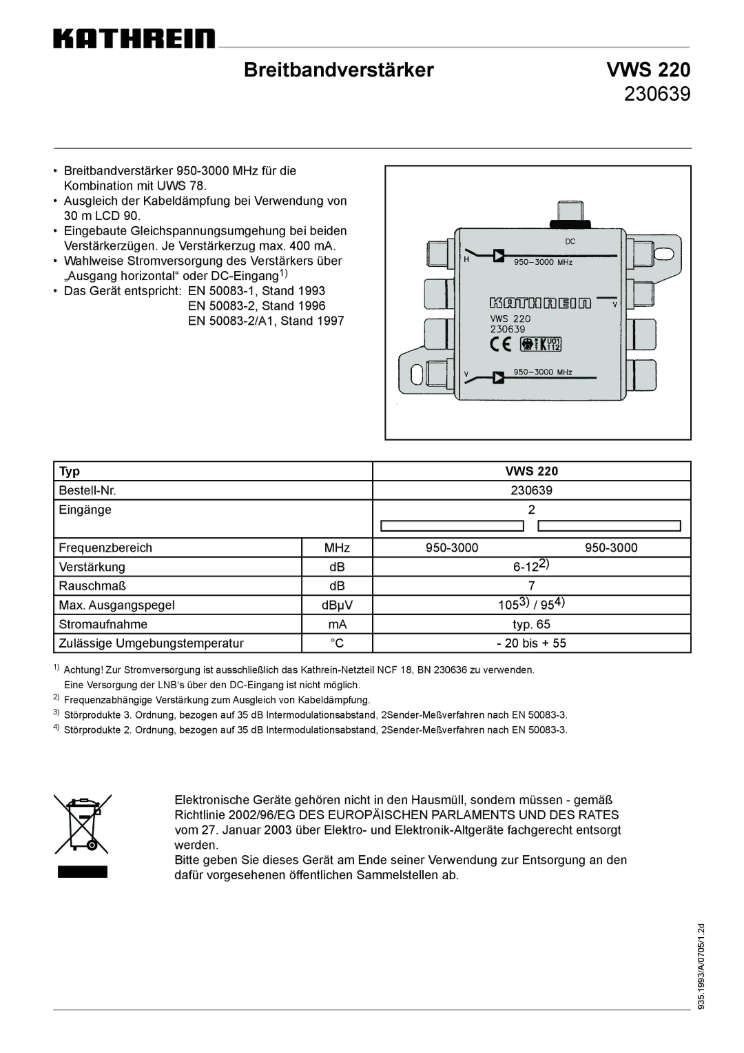 Kathrein VWS 220 manual Breitbandverstärker VWS 230639, Typ VWS 