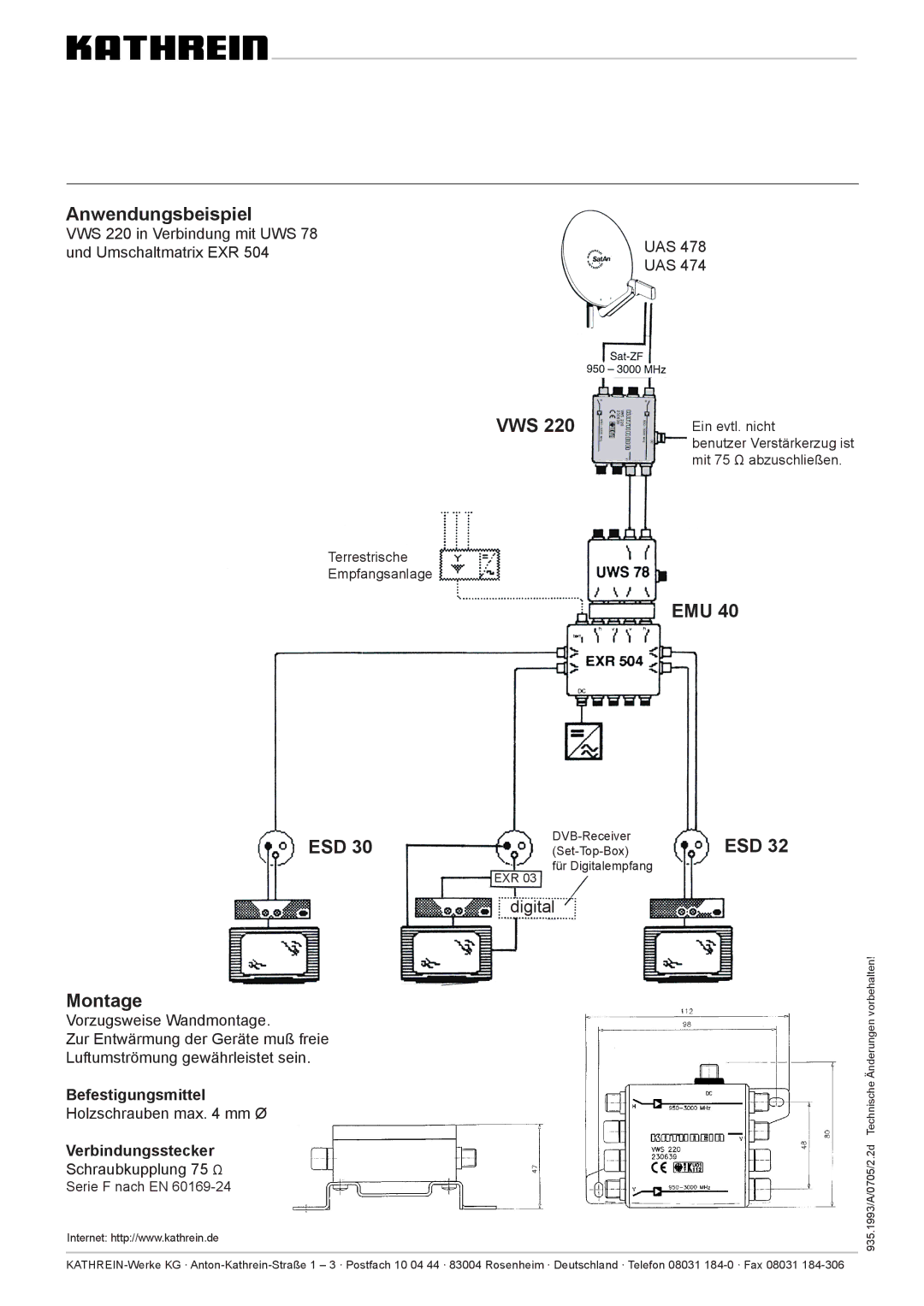 Kathrein VWS 220 manual Anwendungsbeispiel, Vws, Emu Esd, ESD Montage 