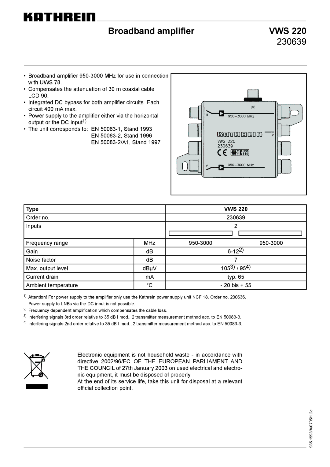 Kathrein VWS 220 manual Broadband ampliﬁer VWS 230639, Type VWS 