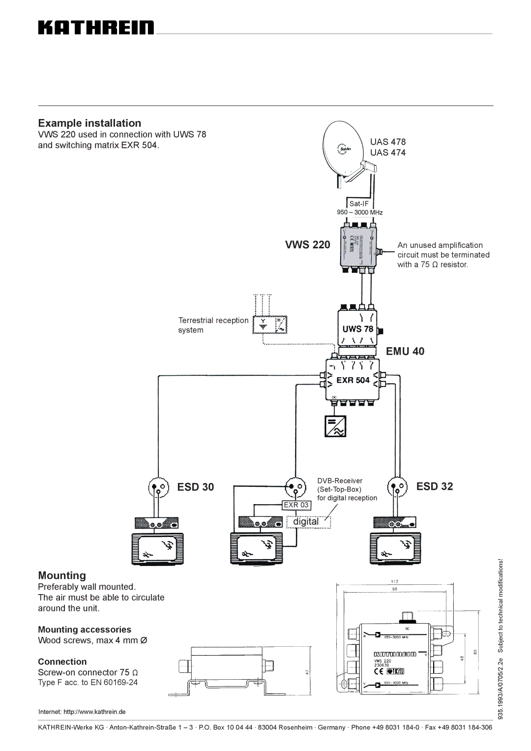 Kathrein VWS 220 manual Example installation, EMU ESD Mounting, Mounting accessories, Connection 