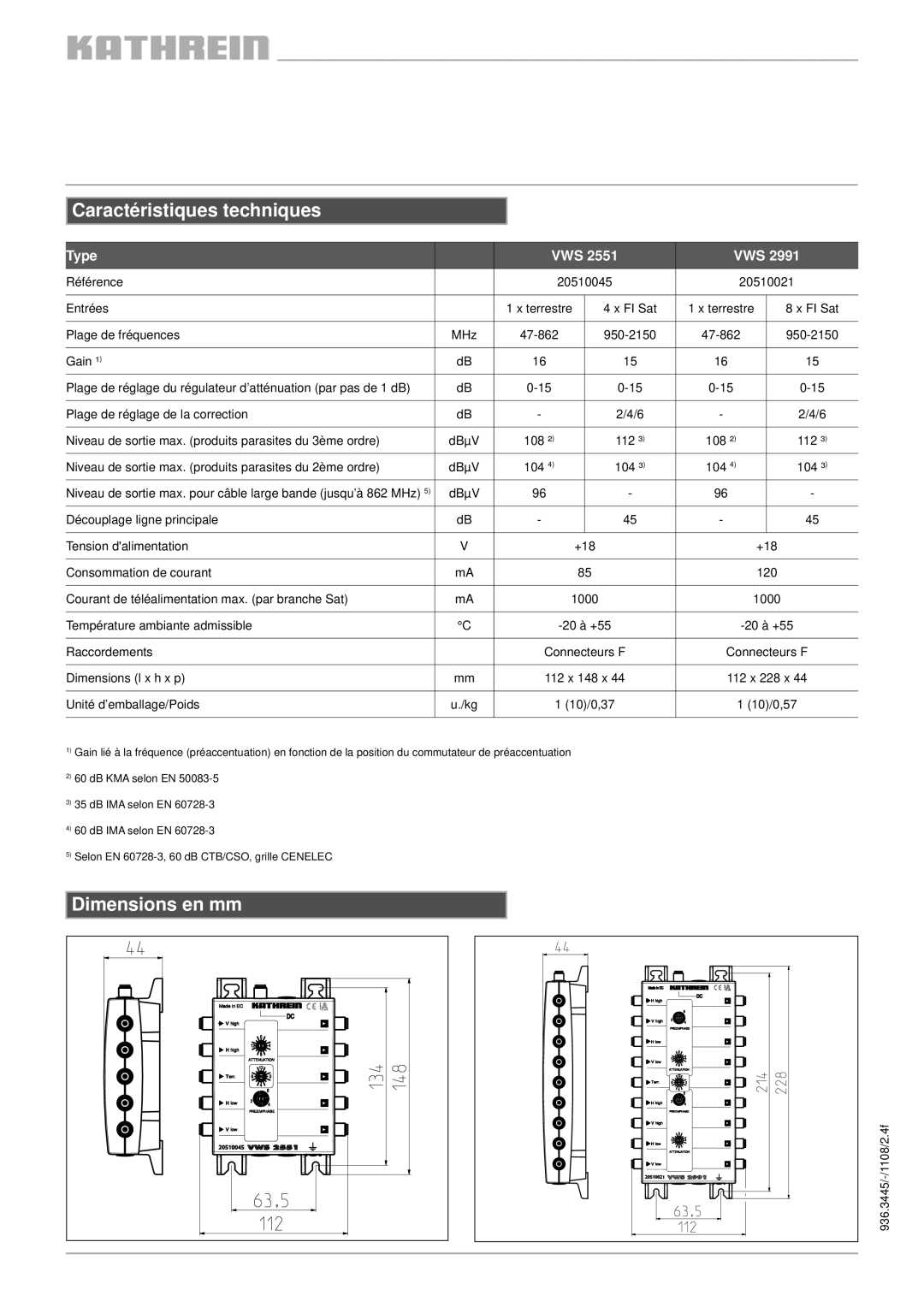 Kathrein VWS2991, VWS2551 manual Caractéristiques techniques, Dimensions en mm 