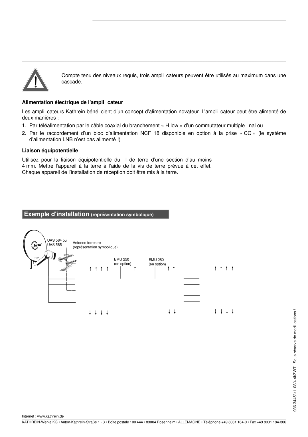 Kathrein VWS2991, VWS2551 manual Alimentation électrique de lampliﬁcateur, Liaison équipotentielle 