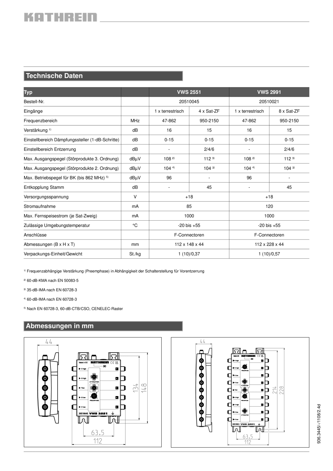 Kathrein VWS2991, VWS2551 manual Technische Daten, Abmessungen in mm, Typ VWS 