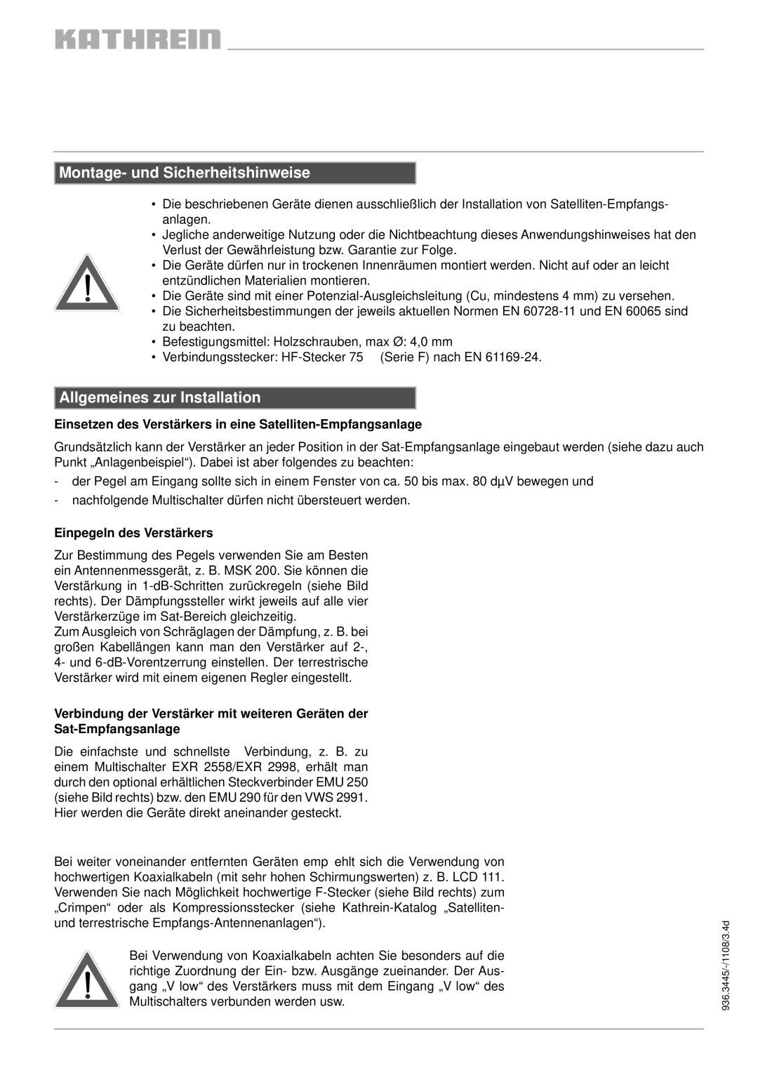 Kathrein VWS2551, VWS2991 manual Montage- und Sicherheitshinweise, Allgemeines zur Installation, Einpegeln des Verstärkers 