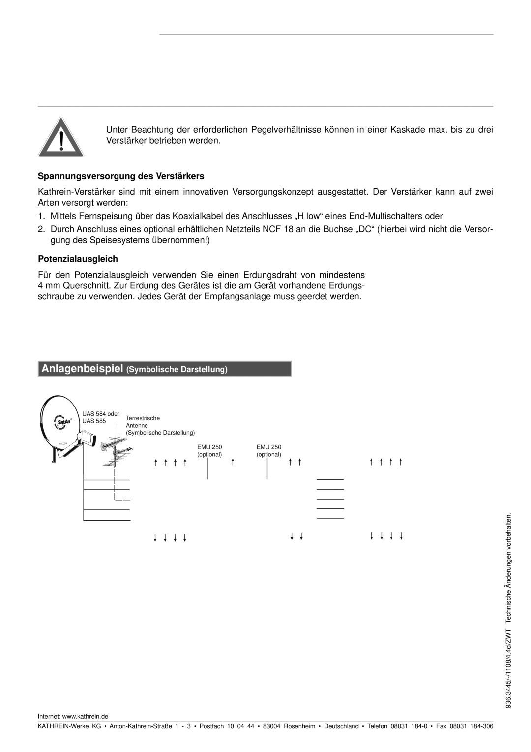 Kathrein VWS2991, VWS2551 Spannungsversorgung des Verstärkers, Potenzialausgleich, Anlagenbeispiel Symbolische Darstellung 