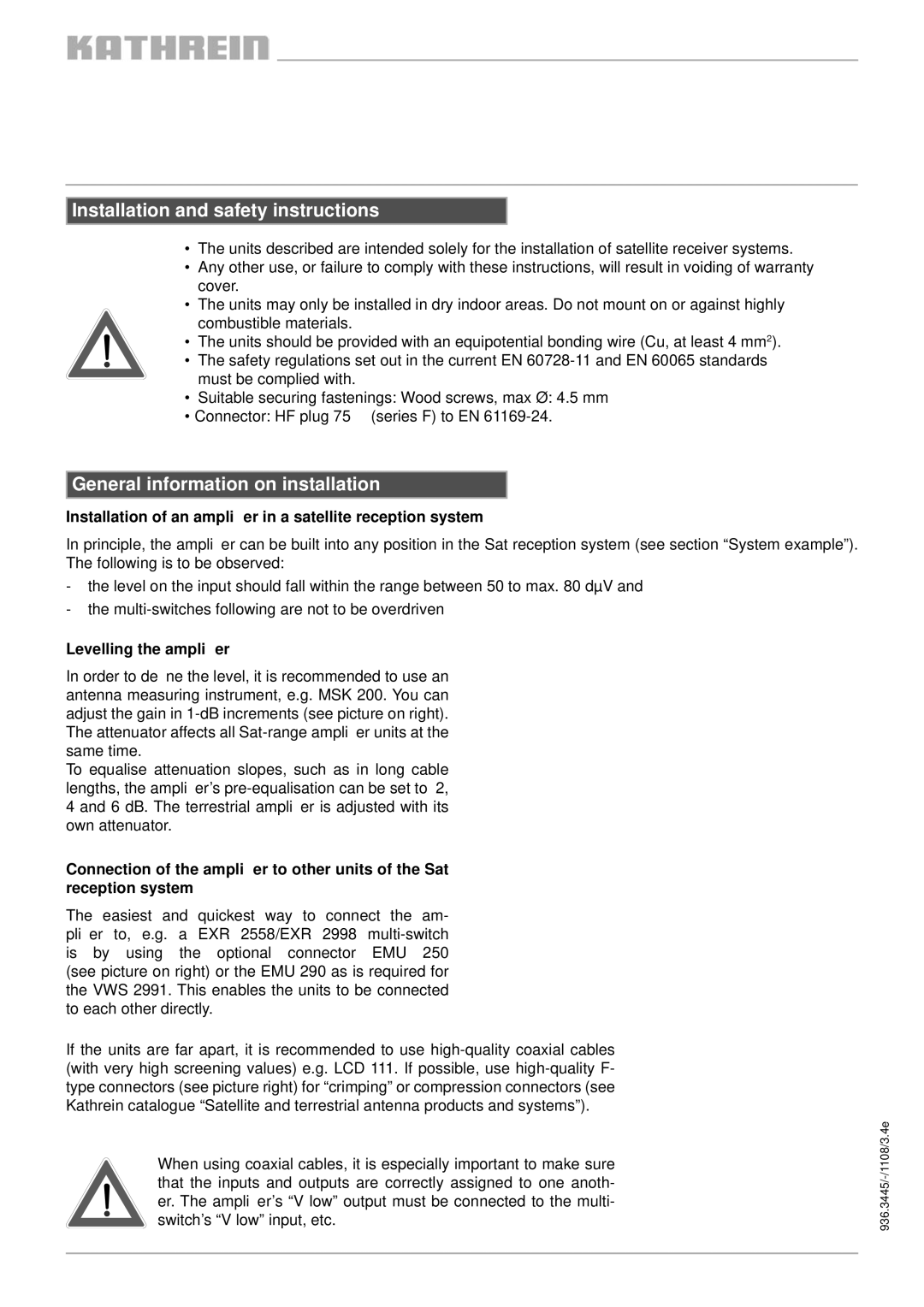 Kathrein VWS2551 manual Installation and safety instructions, General information on installation, Levelling the ampliﬁer 