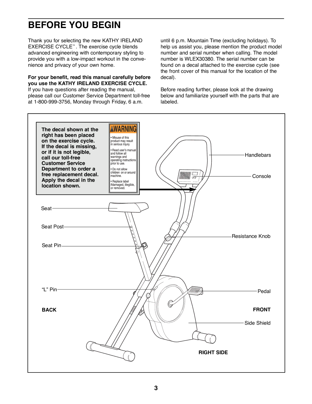 Kathy Ireland Home WLEX30380 manual Before YOU Begin, Back Front, Right Side 