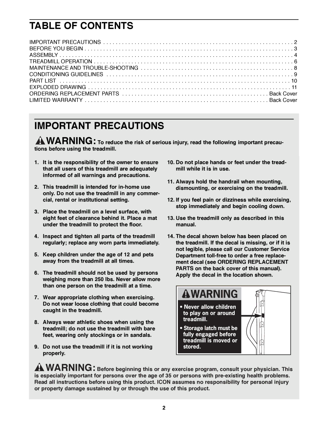 Kathy Ireland Home WLTL23180 manual Table of Contents, Important Precautions 