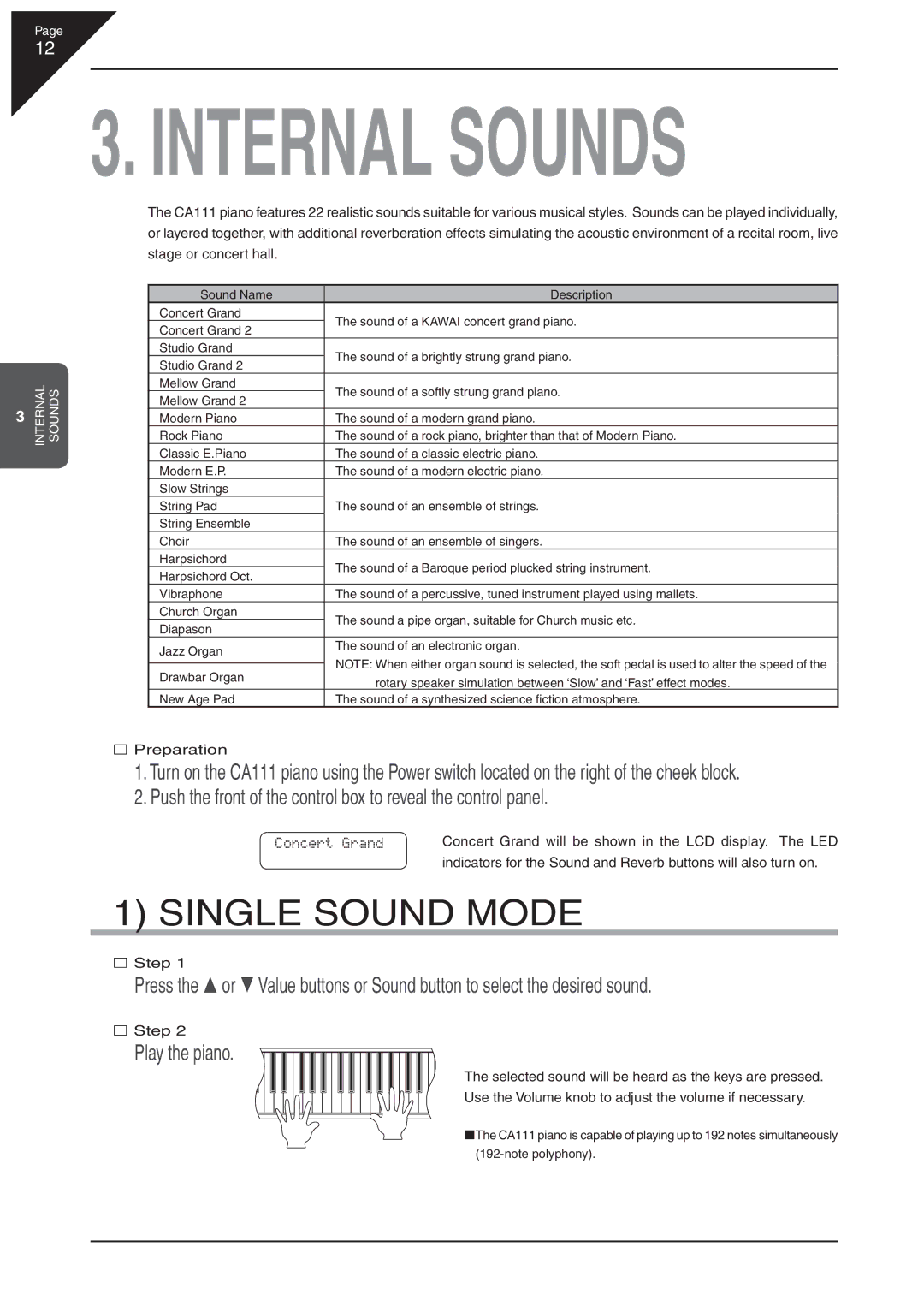 Kawai CA 111 manual Internal Sounds, Single Sound Mode 