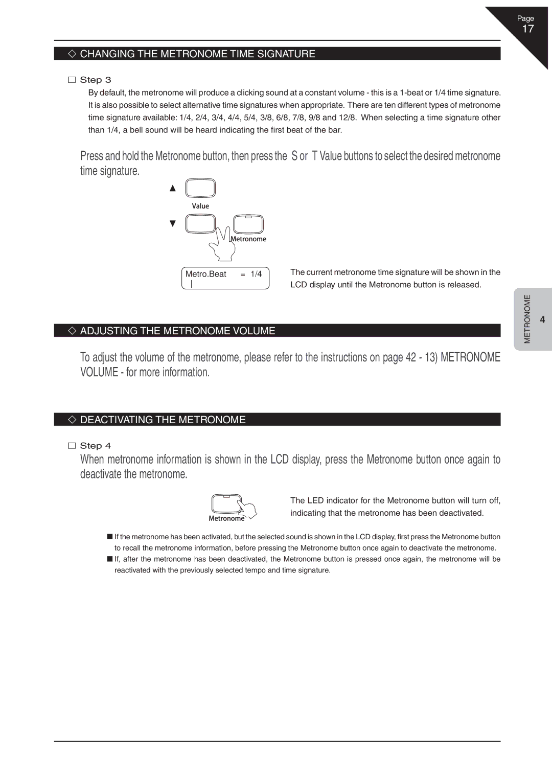 Kawai CA 111 manual ‘ Changing the Metronome Time Signature, ‘ Adjusting the Metronome Volume, ‘ Deactivating the Metronome 