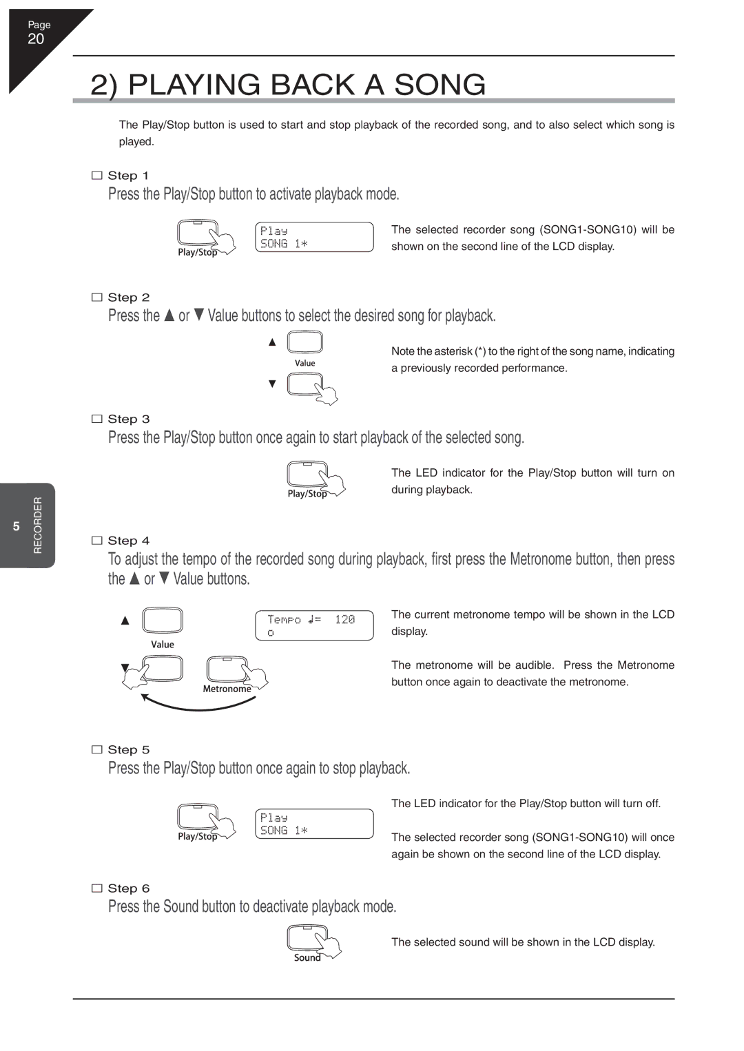 Kawai CA 111 manual Playing Back a Song, Press the Play/Stop button to activate playback mode 