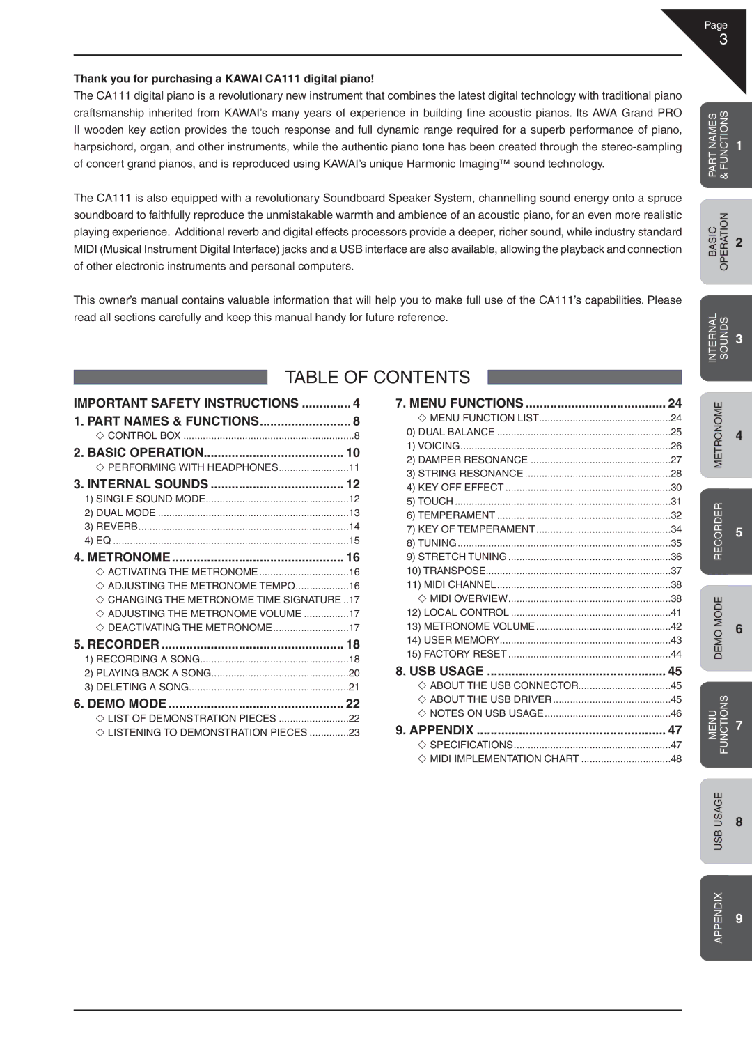 Kawai CA 111 manual Table of Contents 